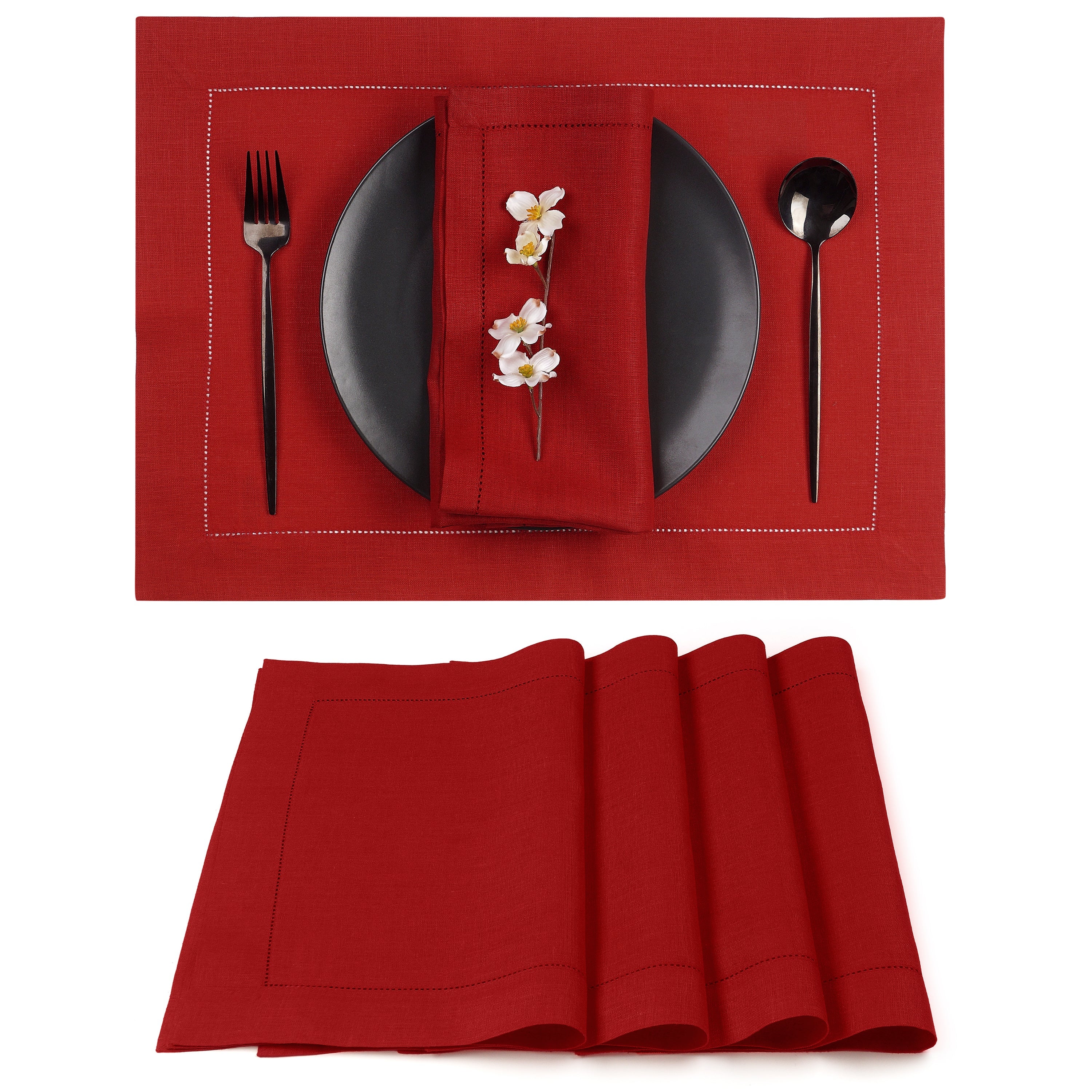 Red Linen Placemats, Hemstitch, 14 x 19 inch, 4 pcs