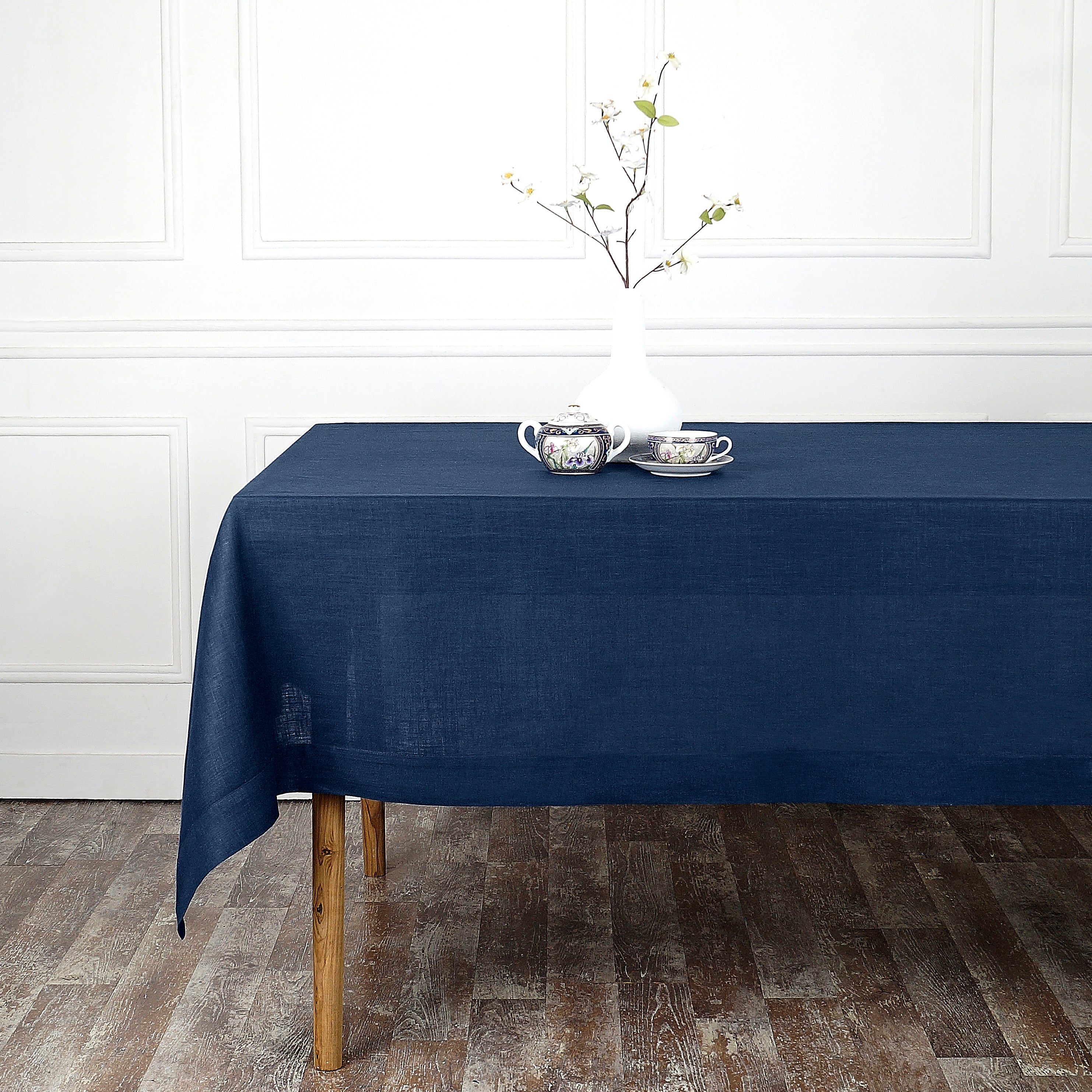 Navy Blue Linen Tablecloth, Hemmed