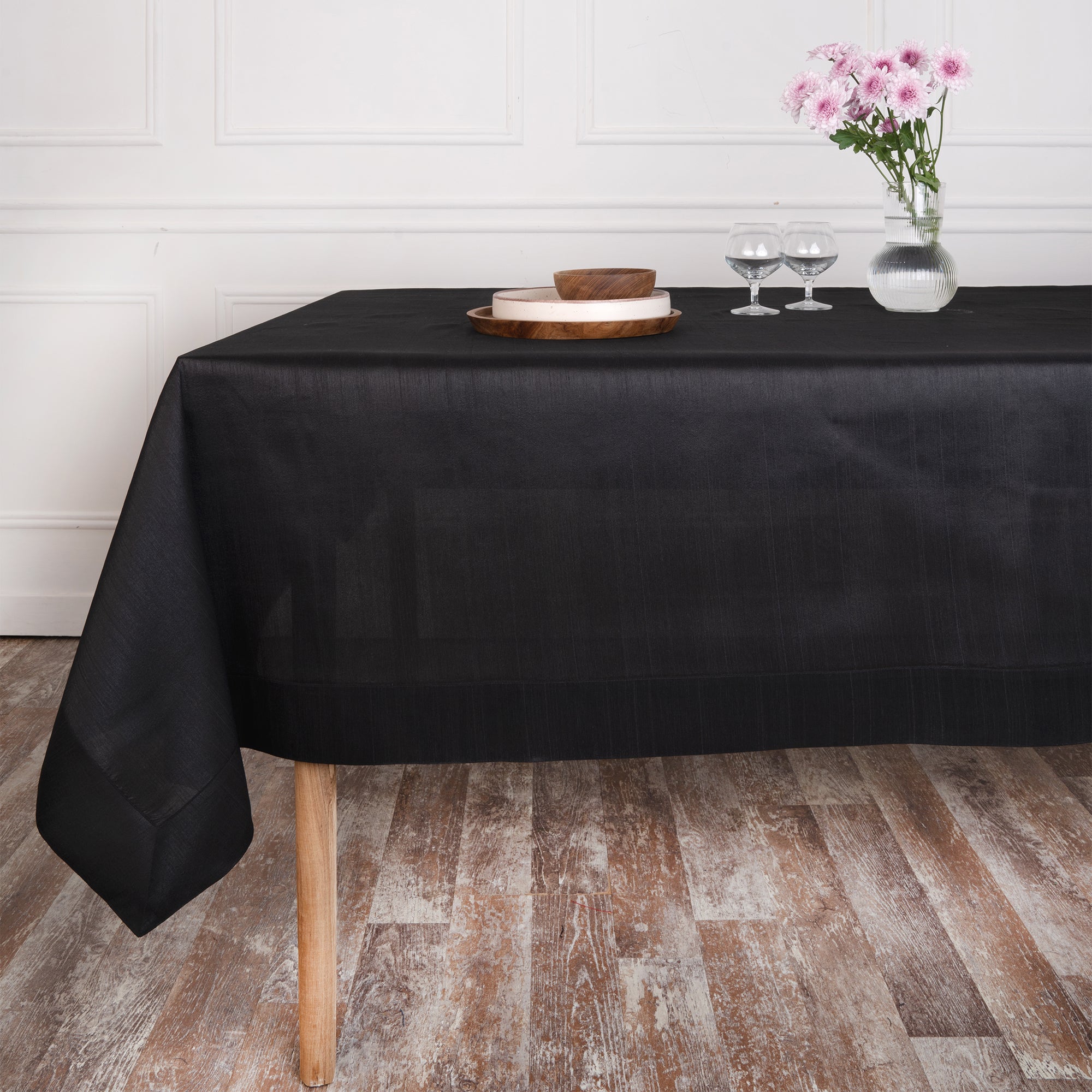 Black Vegan Silk Tablecloth, Mitered Corner