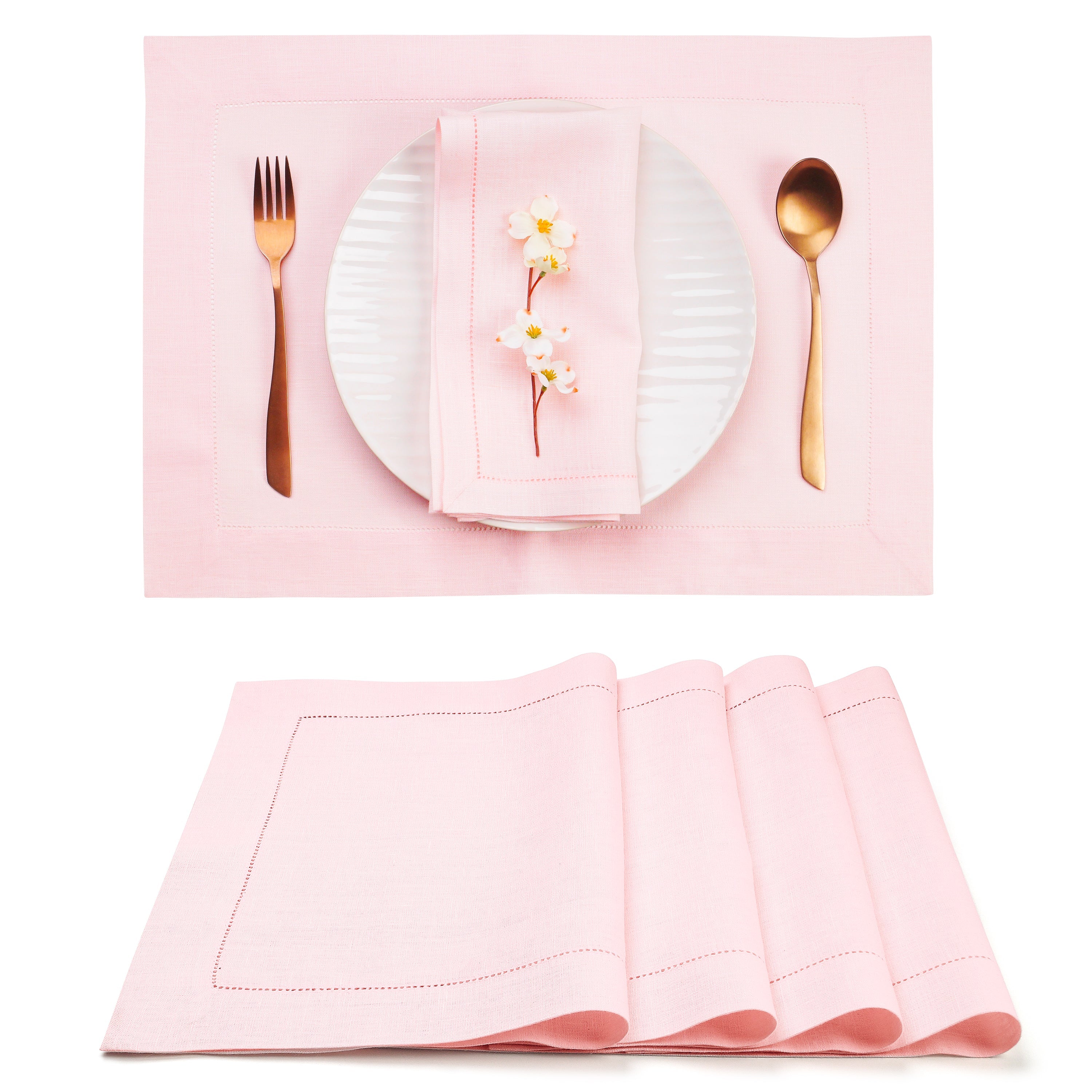 Pastel Pink Linen Placemats, Hemstitch, 14 x 19 inch, 4 pcs