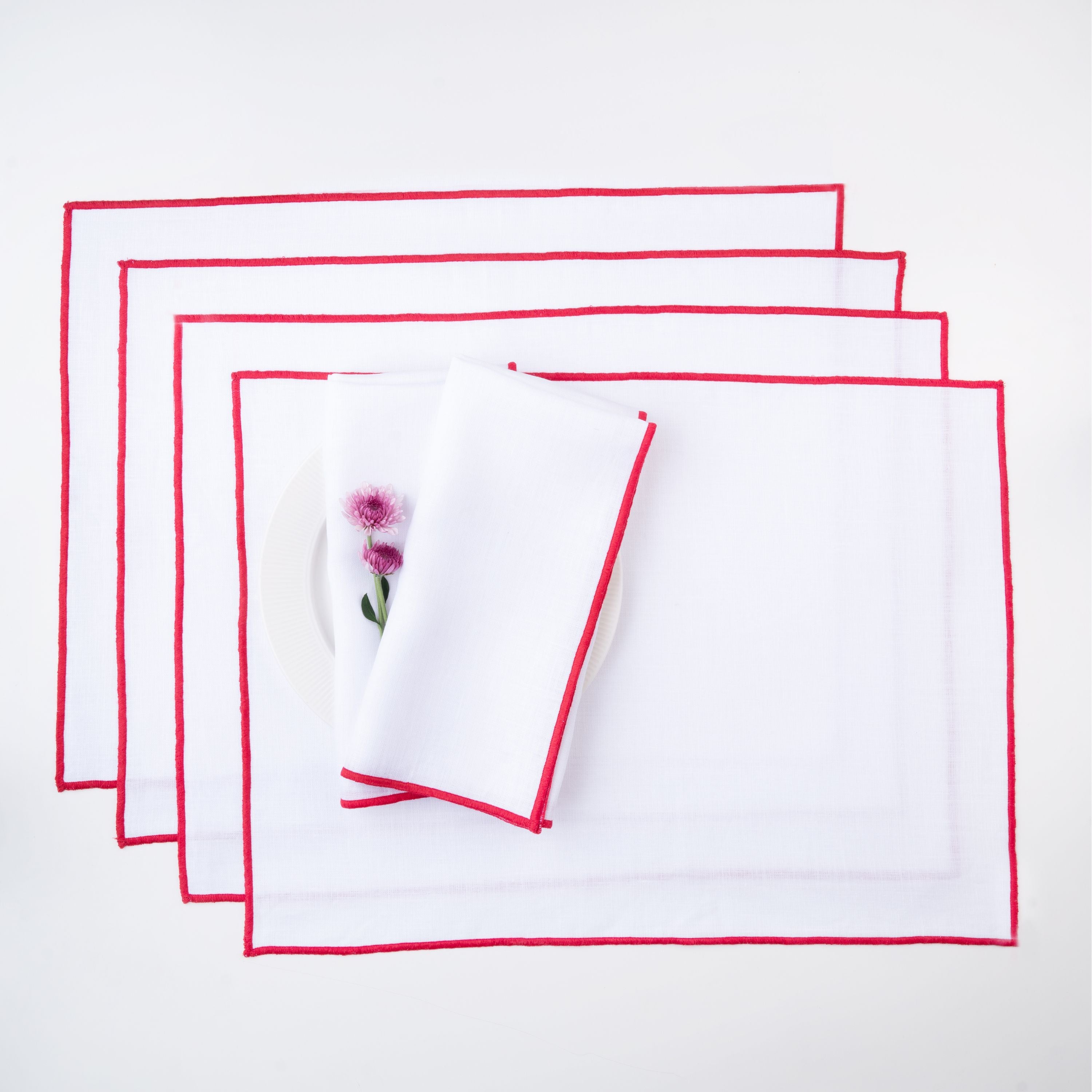 White and Red Linen Placemats, Marrow Edge, 14 x 19 inch, 4 pcs