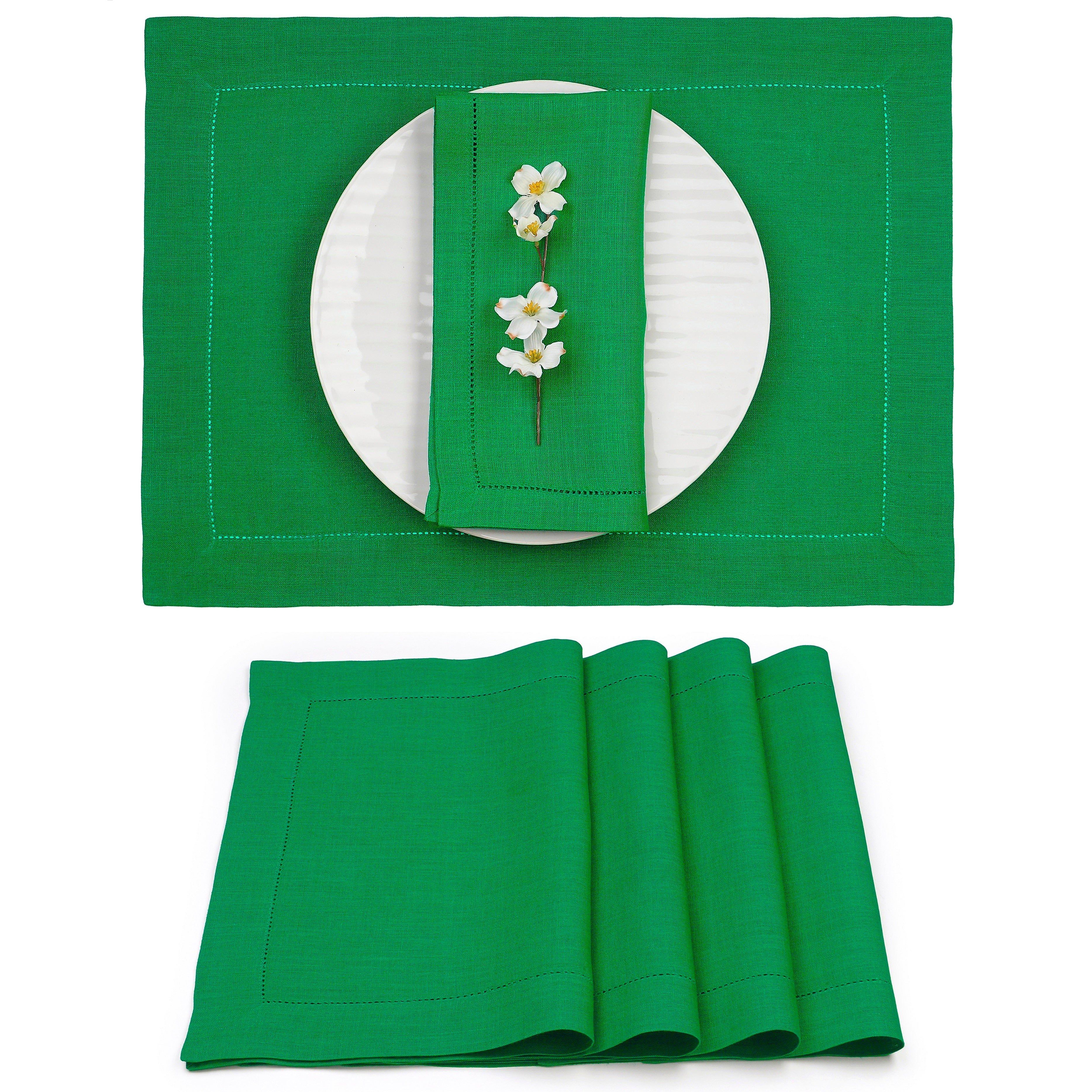 Kelly Green Linen Placemats, Hemstitch, 14 x 19 inch, 4 pcs