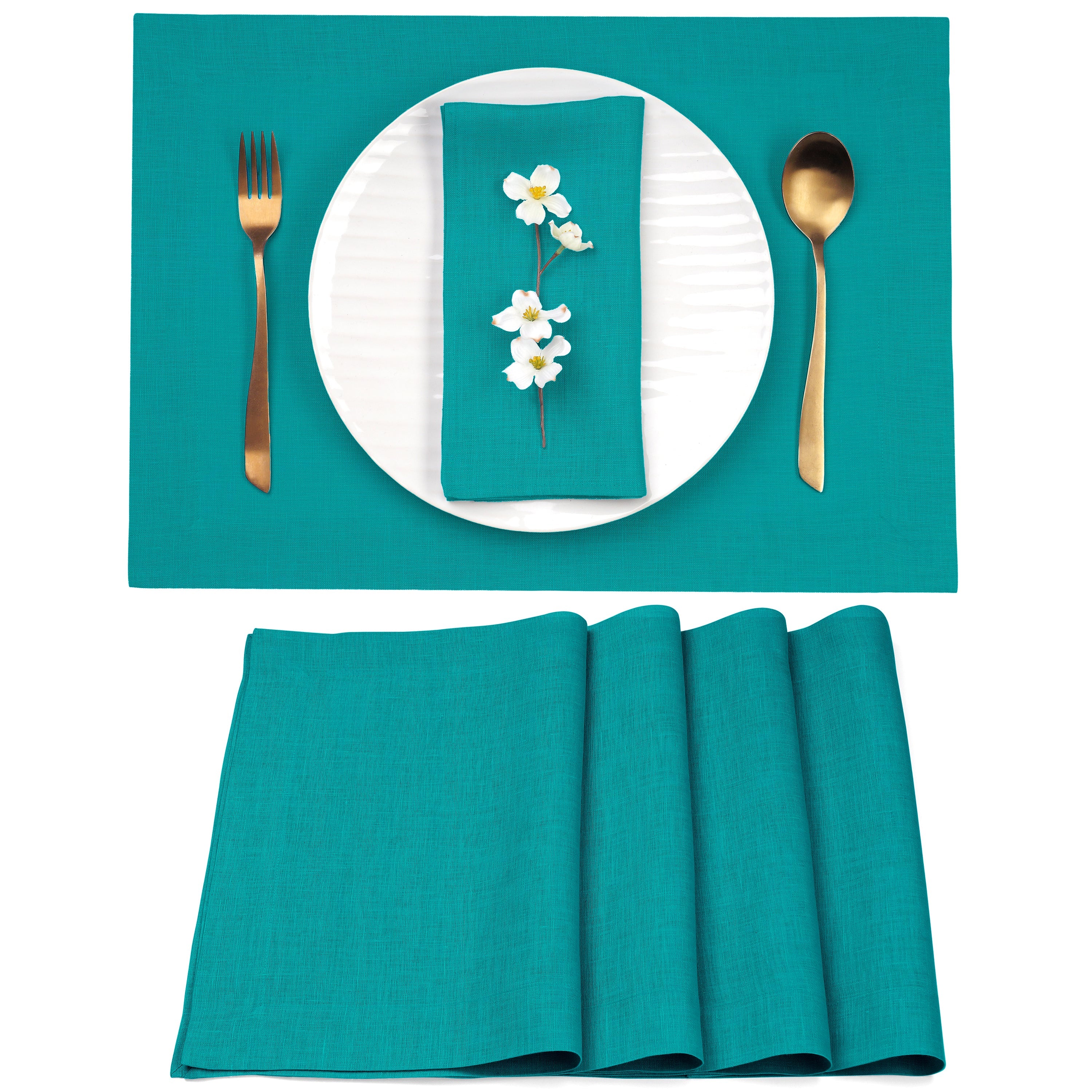 Teal Blue Linen Placemats, Hemmed, 14 x 19 inch, 4 pcs