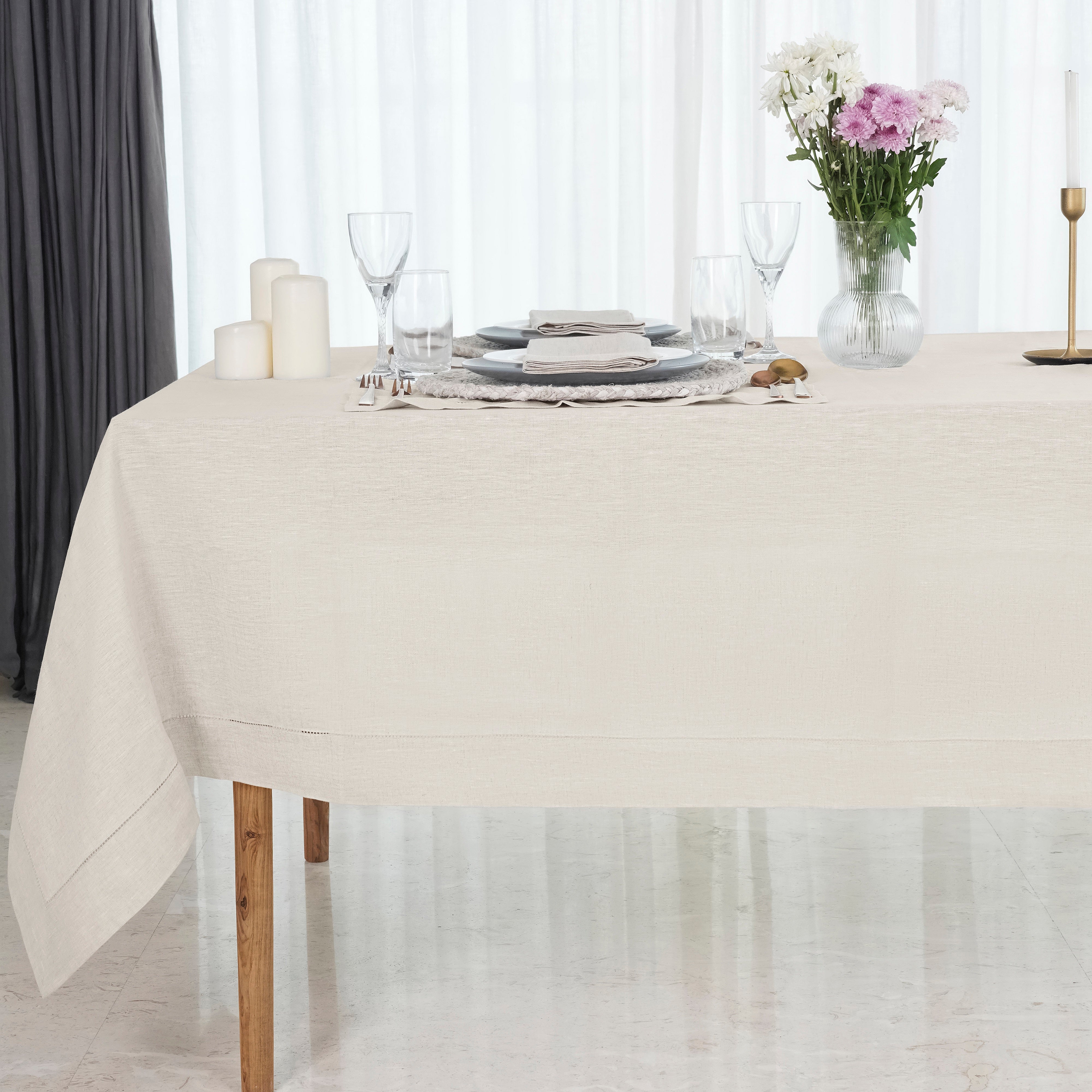 Light Natural Linen Tablecloth, Hemstitch