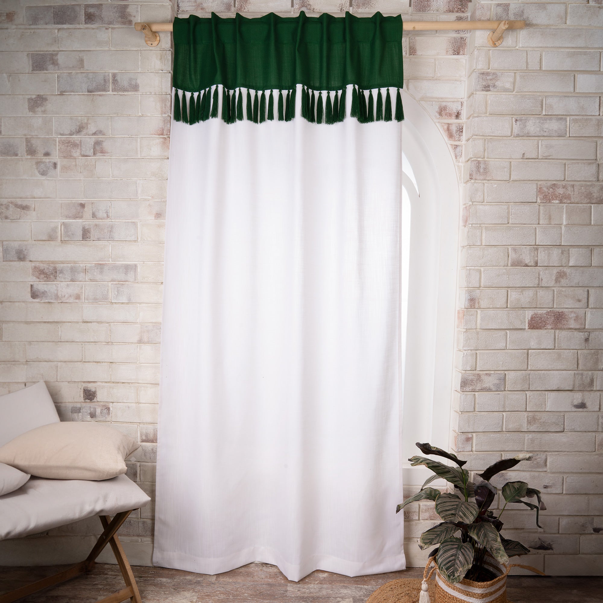 Forest Green and White Faux Linen Tassel Curtain