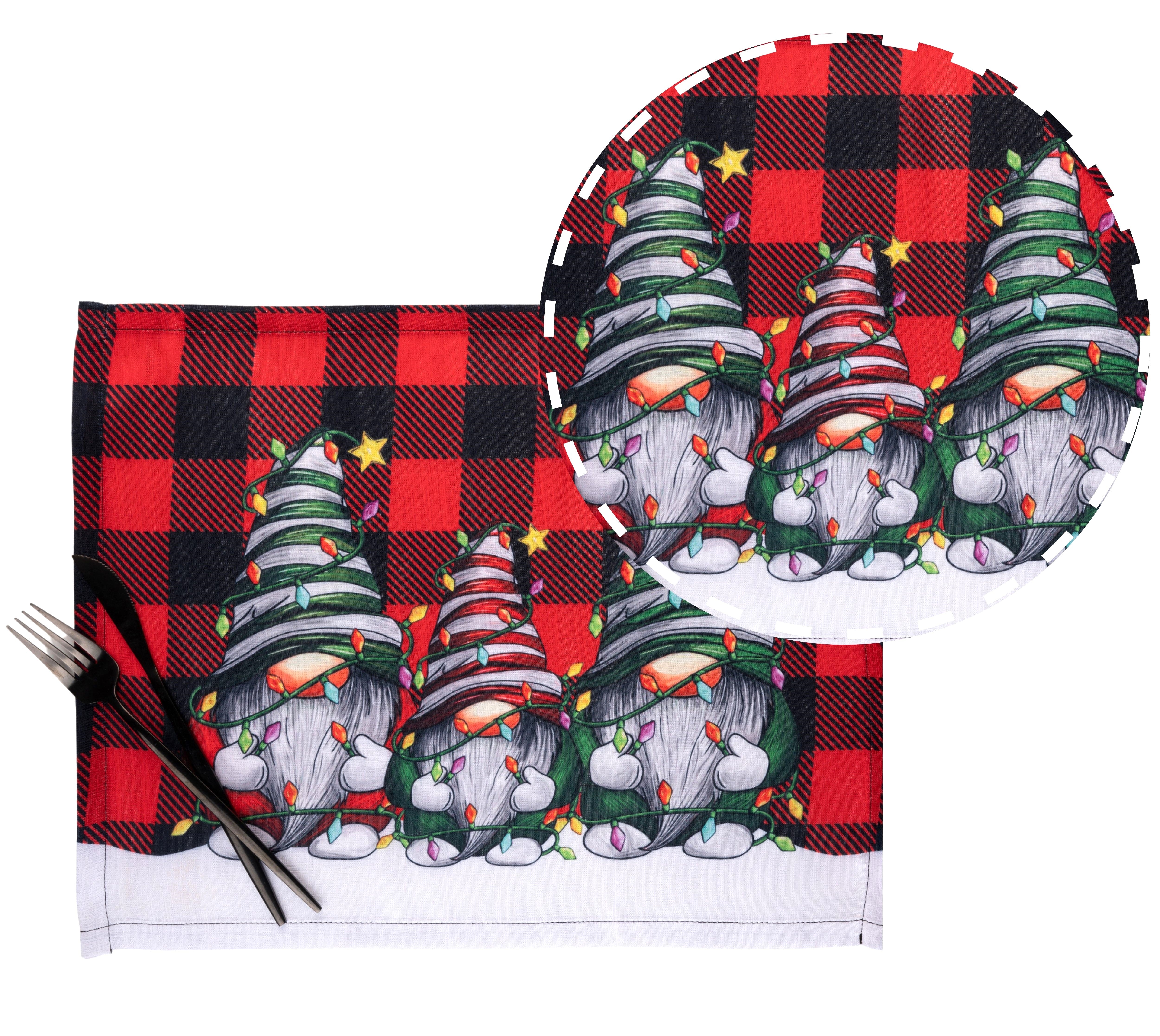 Gnomes Plaid Vegan Silk Placemats 13 x 18 Inch Set of 4 - Christmas Print