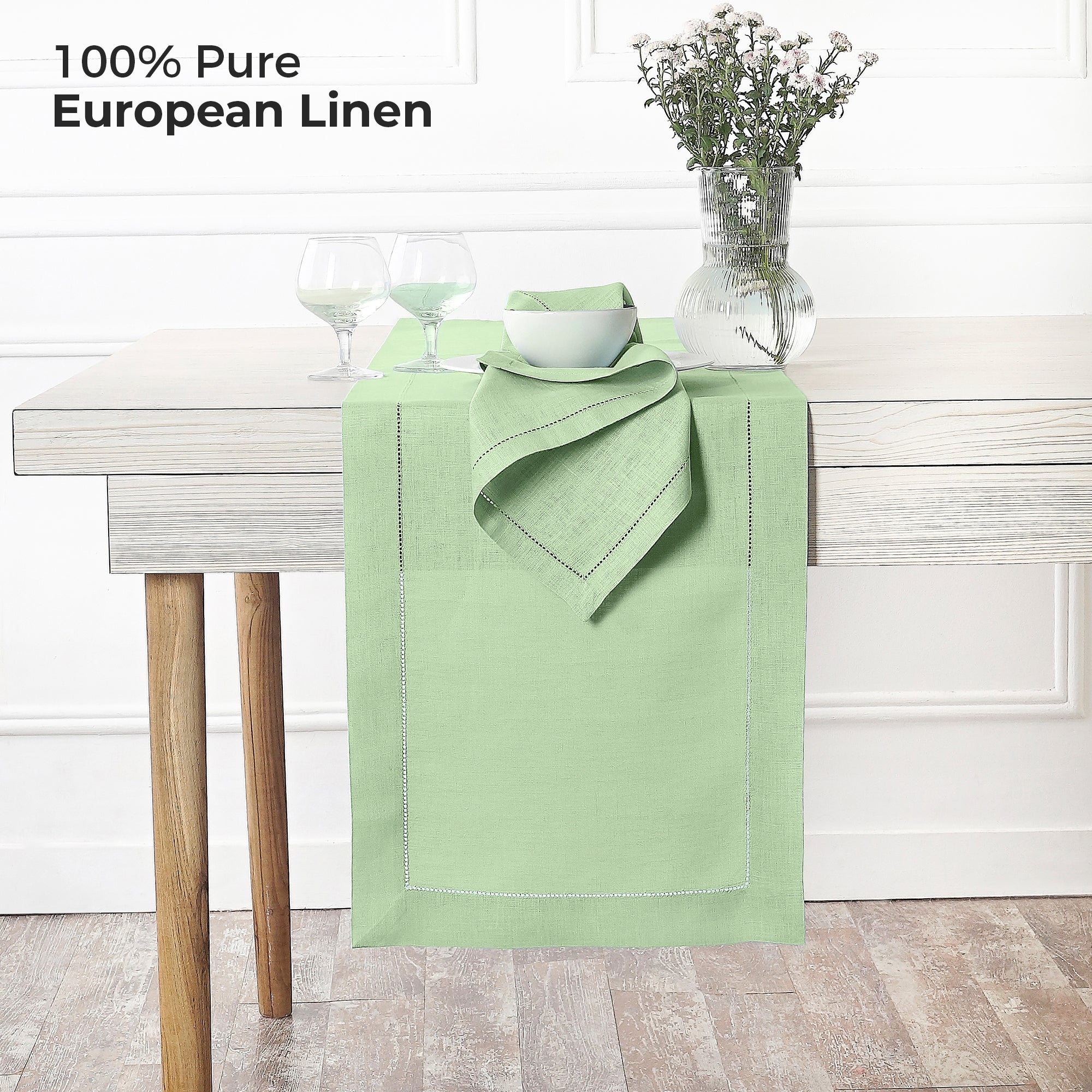 Sage Green Linen Table Runner, Hemstitch