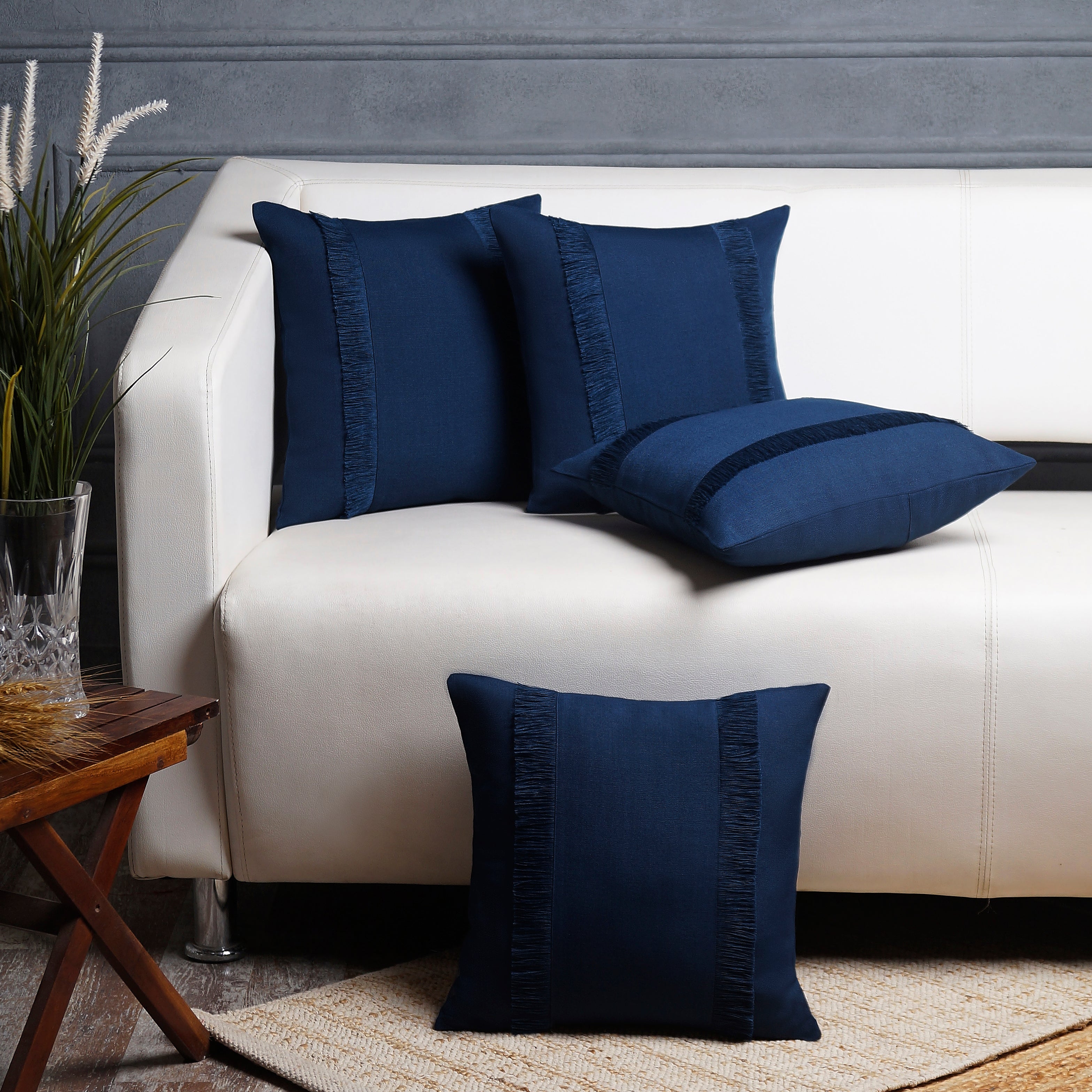 Bohemian Double Fringe Pillow Cover - Navy Blue