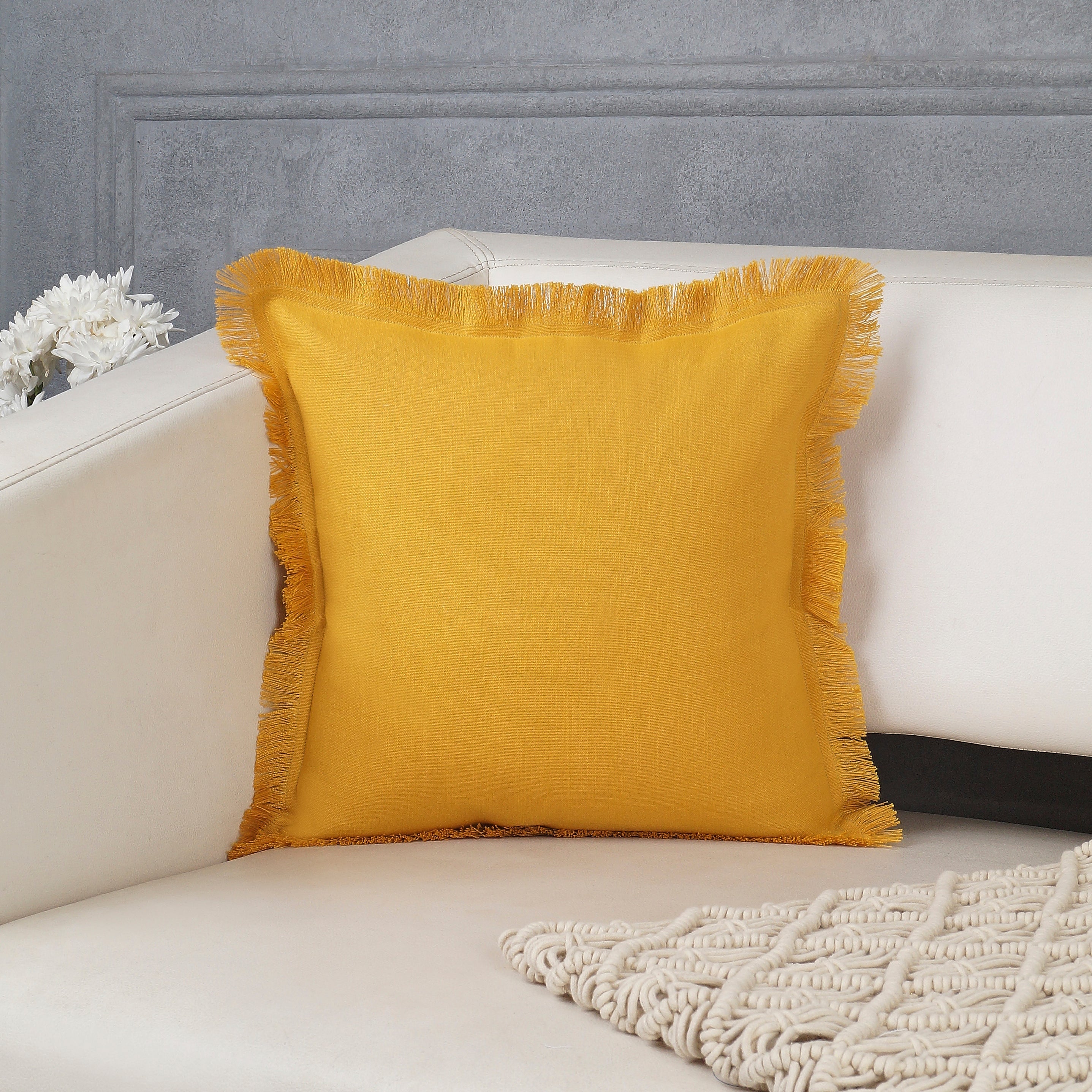 Bohemian Fringe Pillow Cover - Mustard