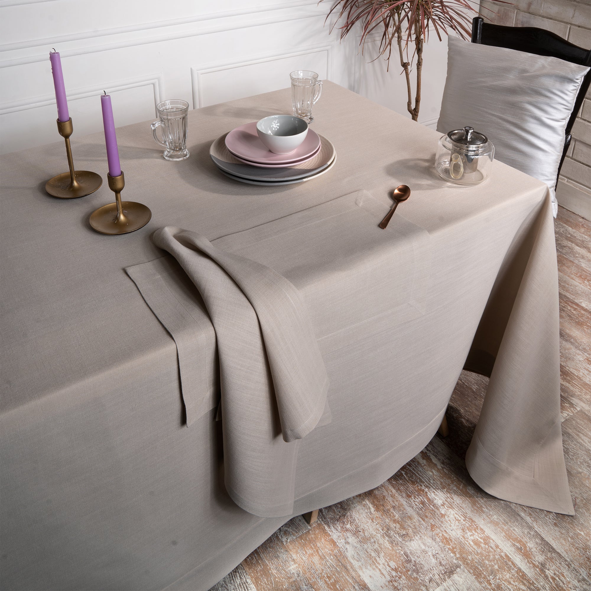 Natural Tablecloth, Faux Linen, Mitered Corner