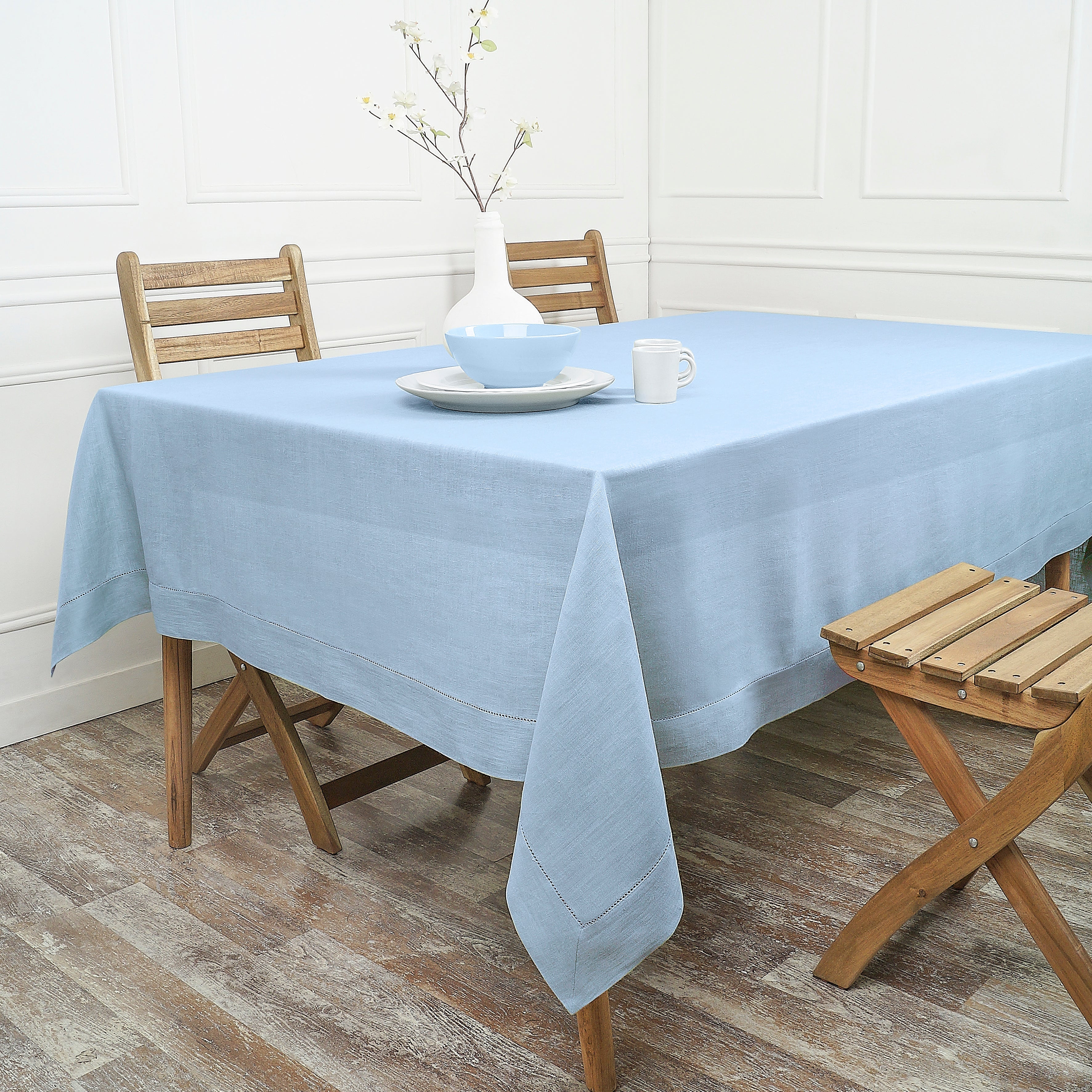 Powder Blue Linen Tablecloth, Hemstitch