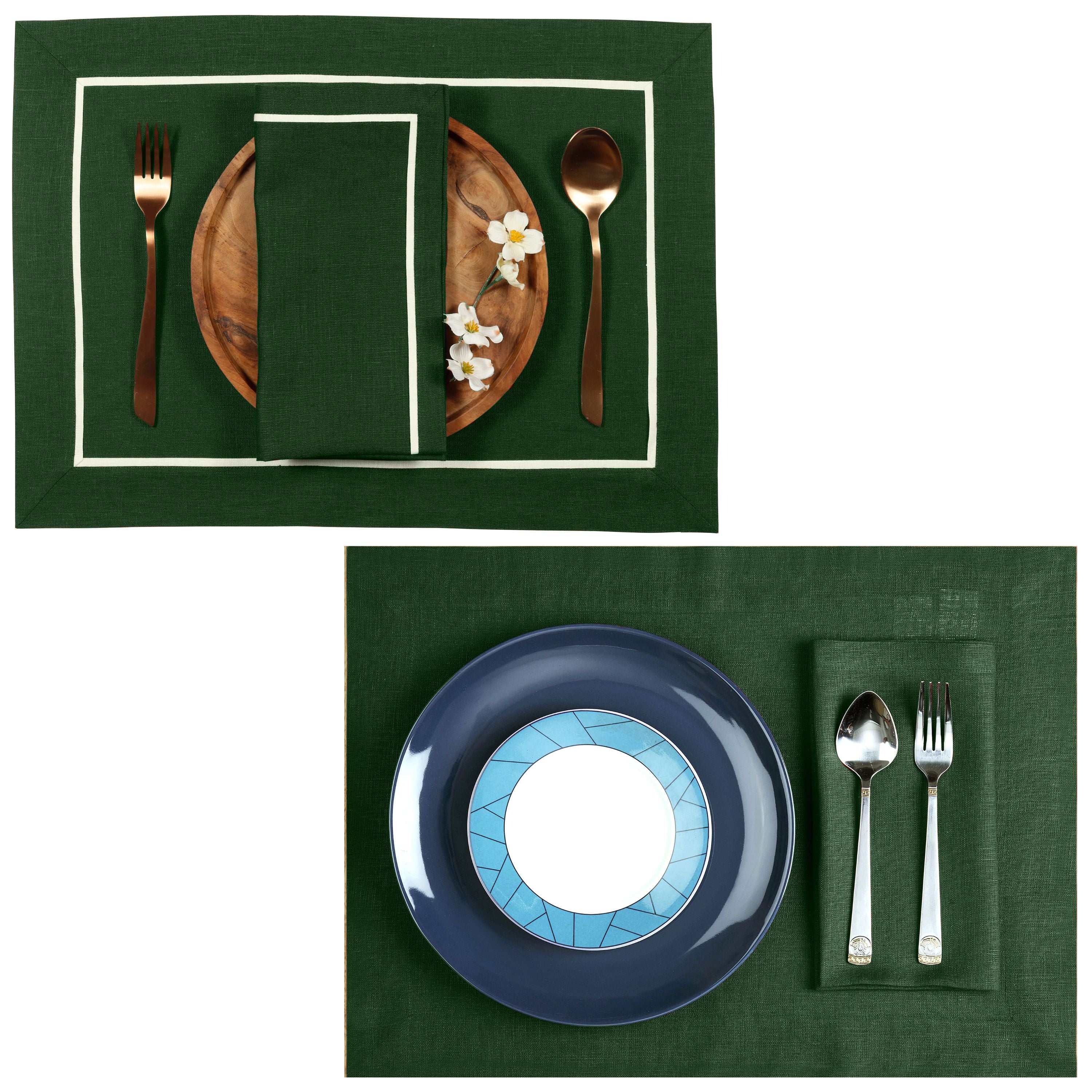 Forest Green and White Linen Placemats, Reversible, 14 x 19 inch, 4 pcs