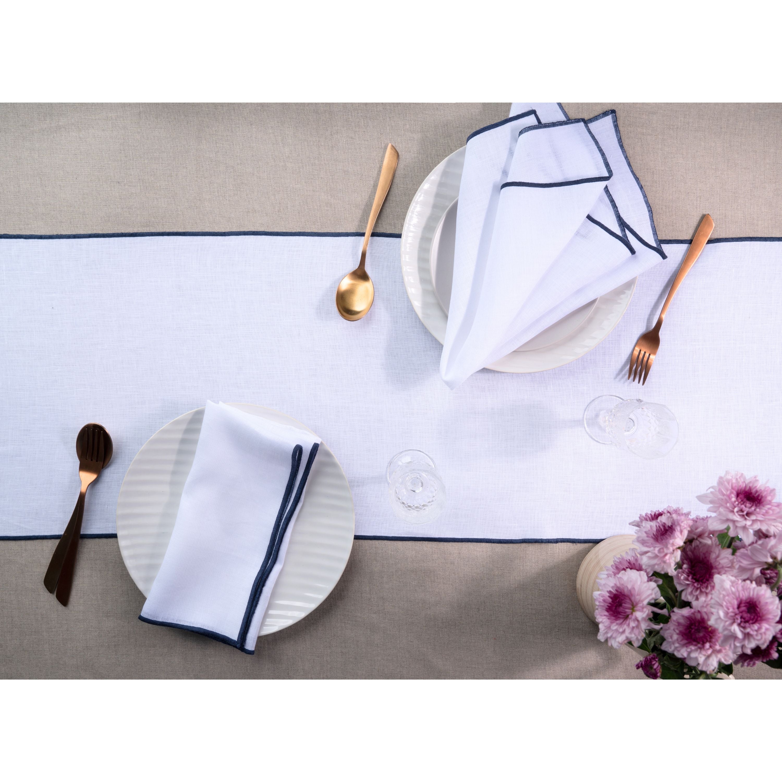 White and Navy Blue Linen Table Runner, Marrow Edge