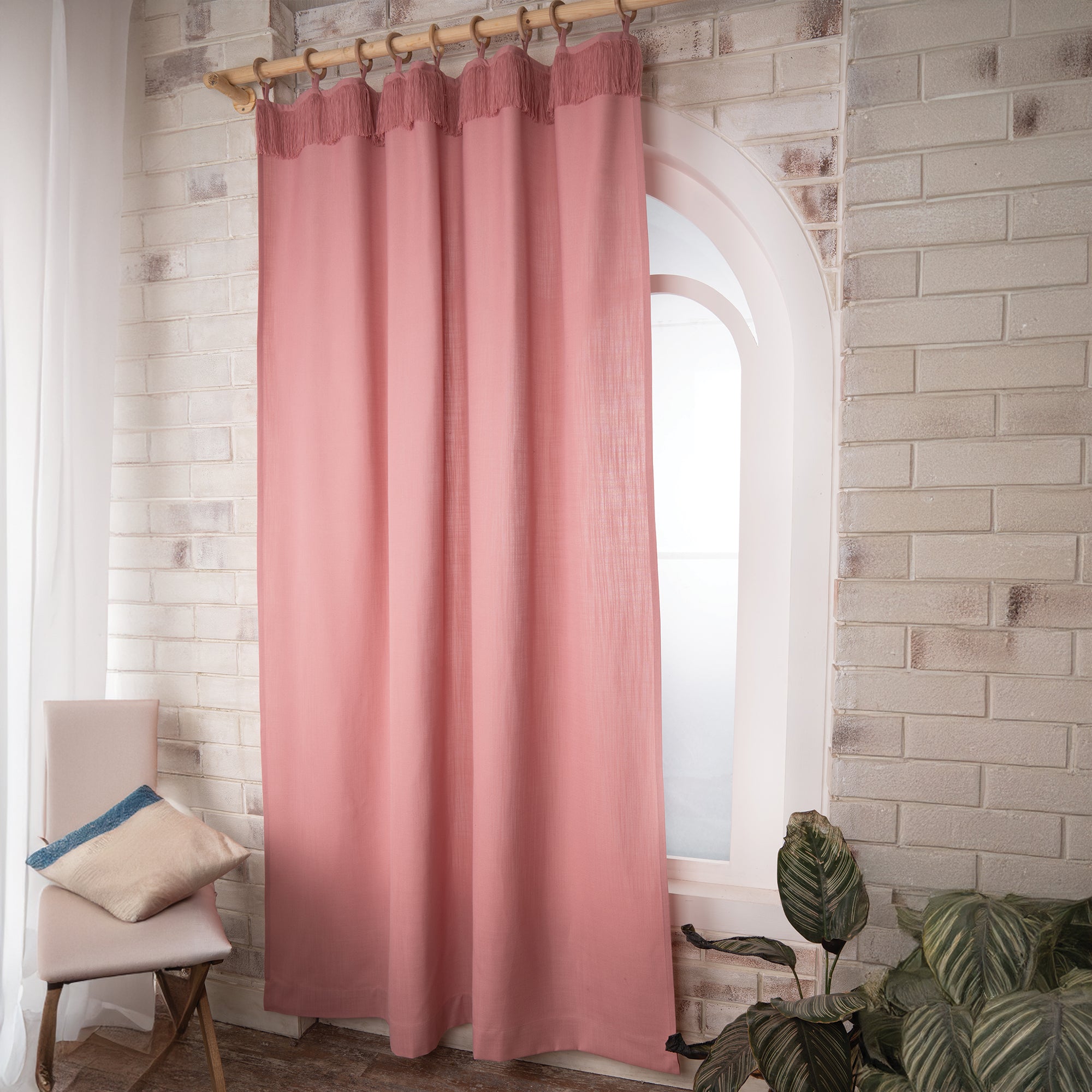 Dusty Pink Faux Linen Fringe Curtain