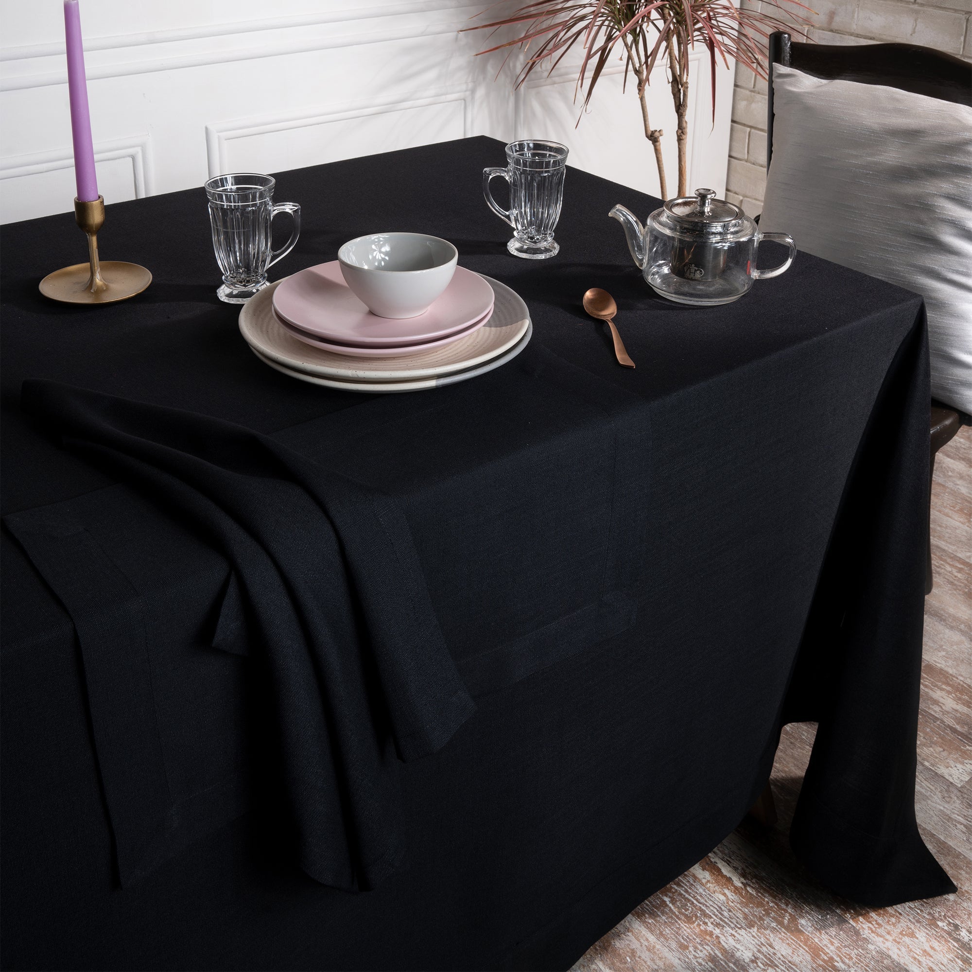 Black Tablecloth, Faux Linen, Mitered Corner