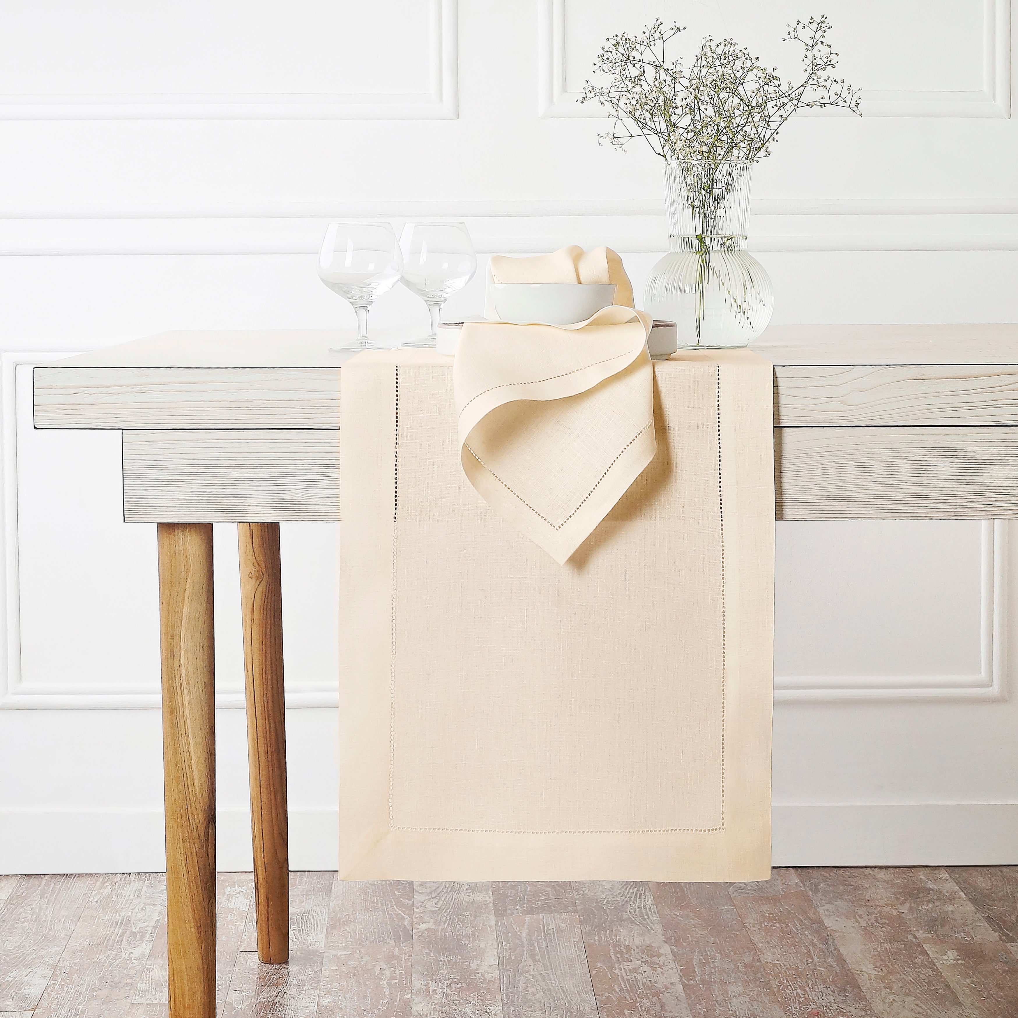 Vanilla Cream Linen Table Runner, Hemstitch