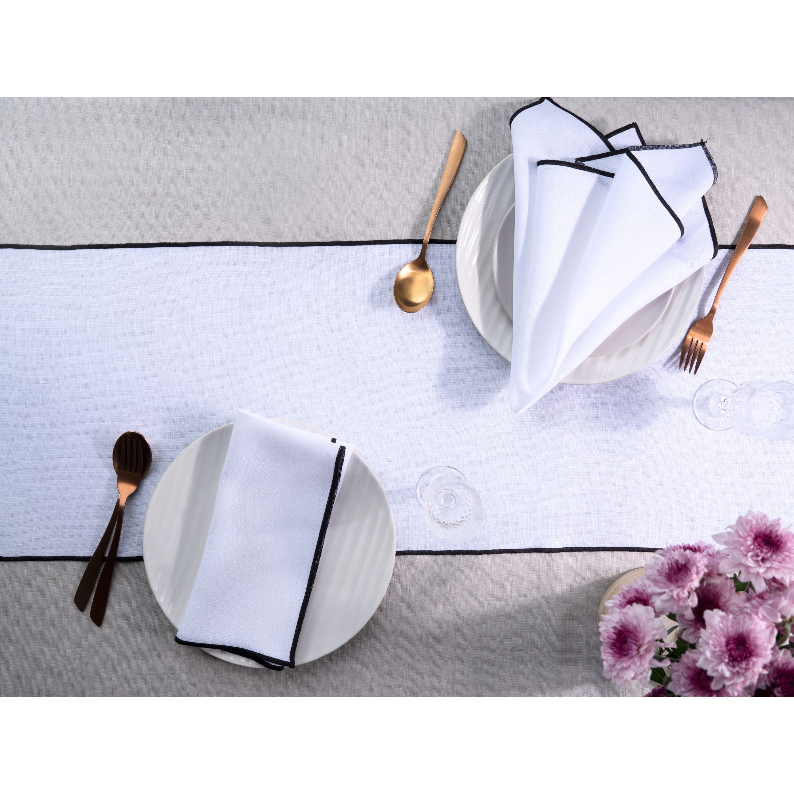 White and Black Linen Table Runner, Marrow Edge