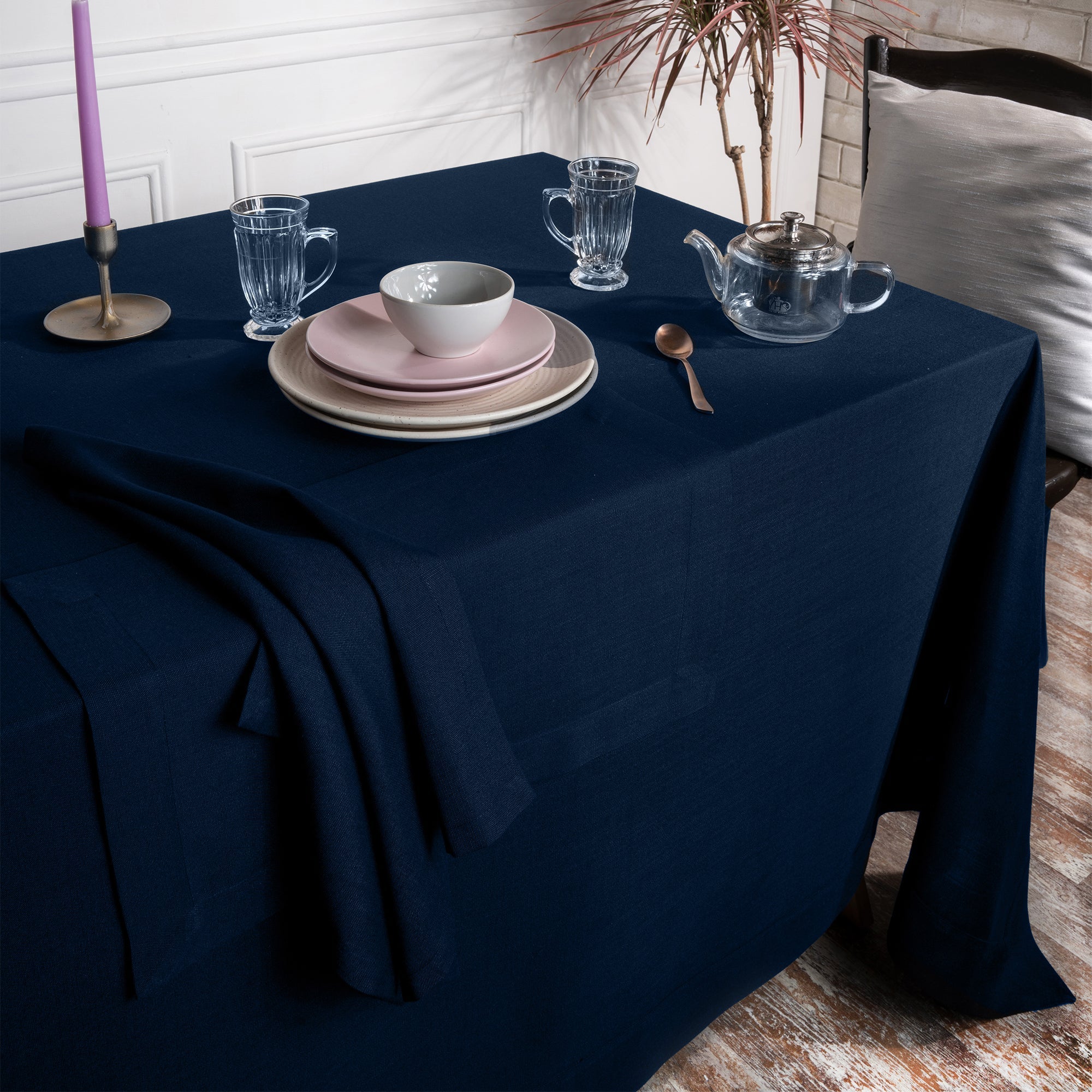 Navy Blue Tablecloth, Faux Linen, Mitered Corner