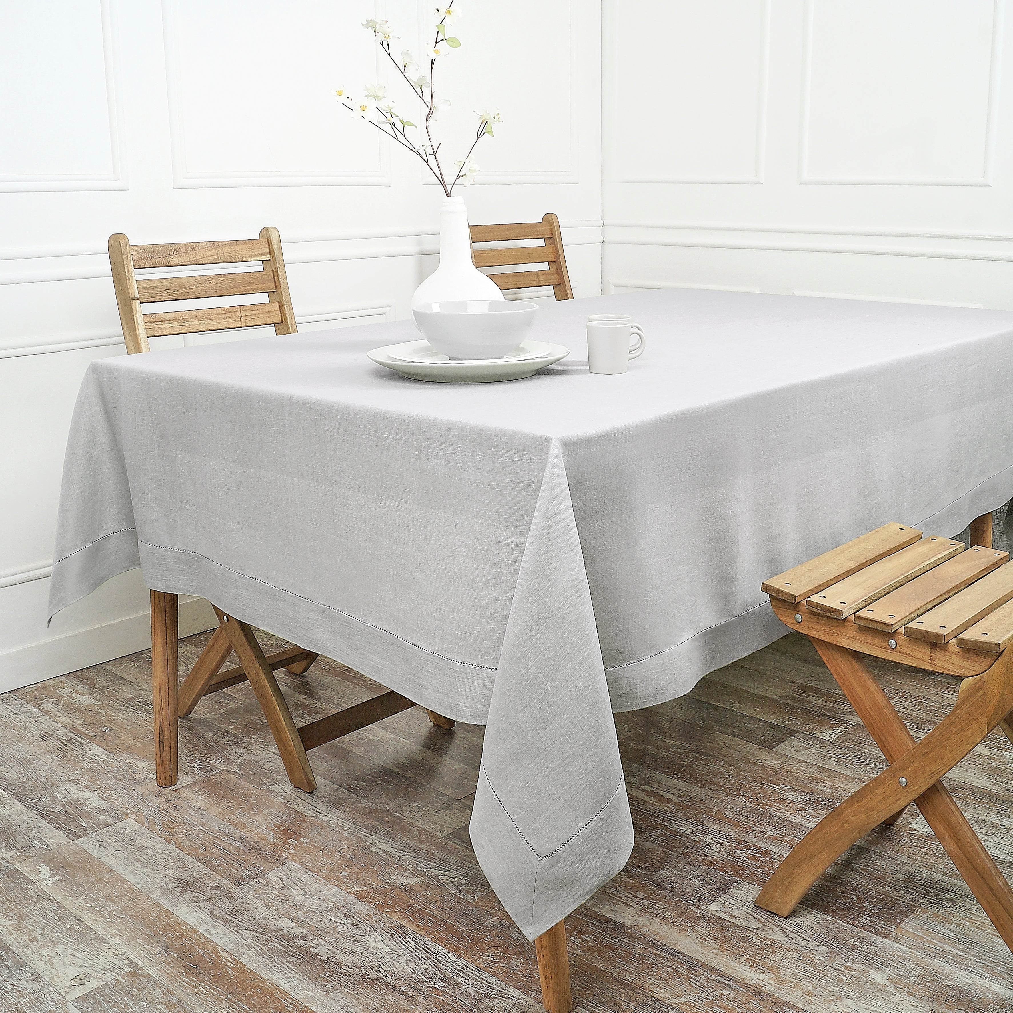 Silver Grey Linen Tablecloth, Hemstitch