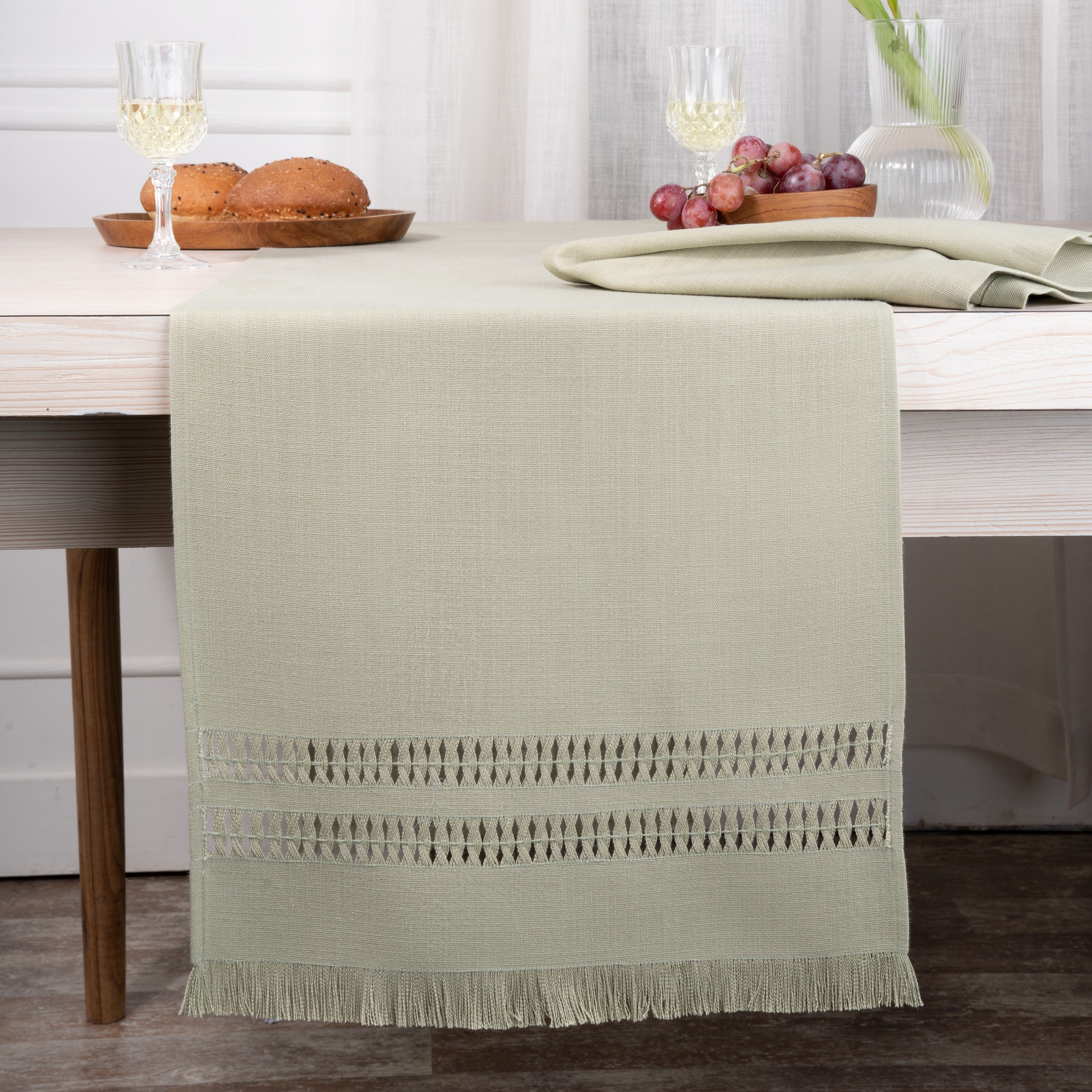 Sage Green Table Runner, Faux Linen, Hand Hemstitch