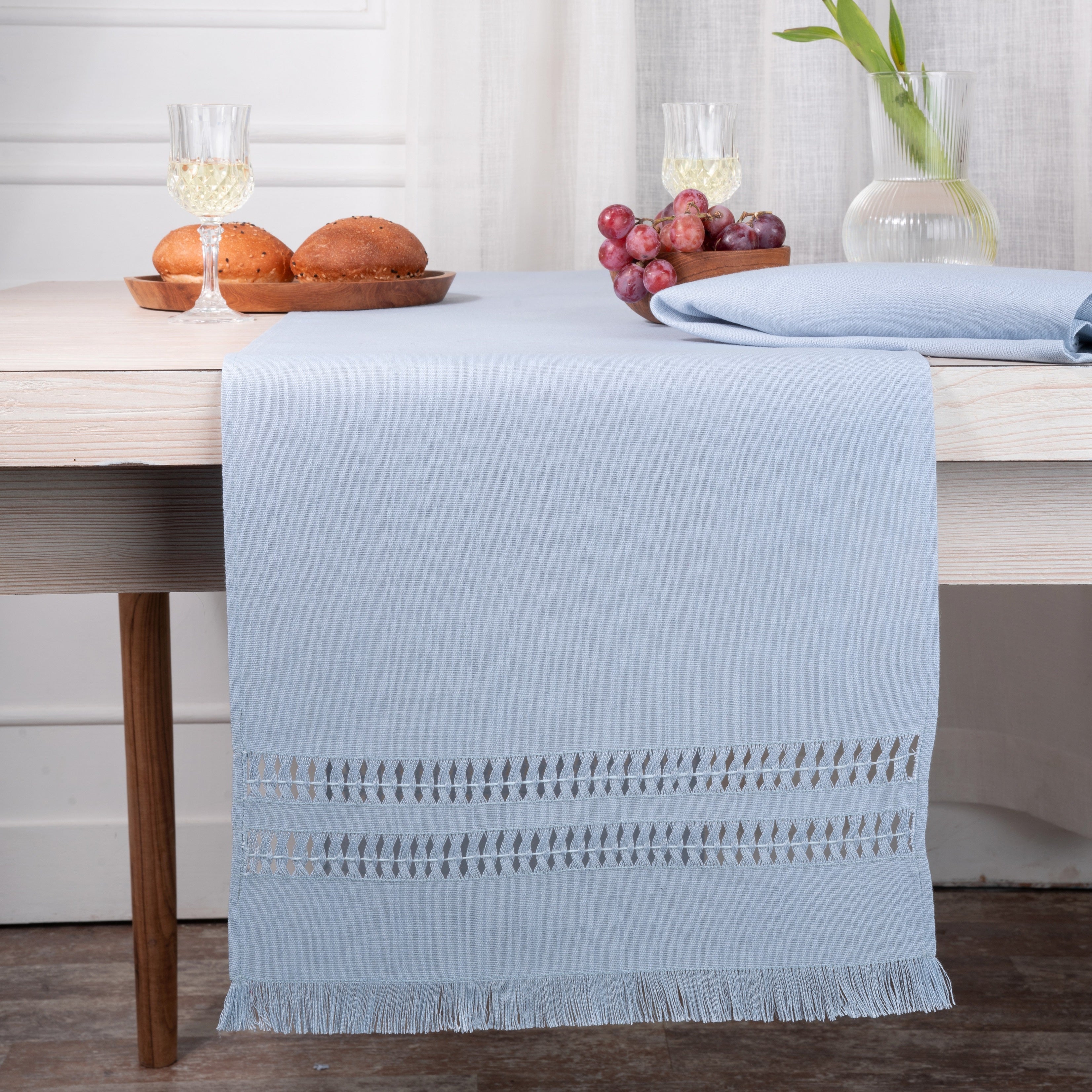 Light Blue Table Runner, Faux Linen, Hand Hemstitch