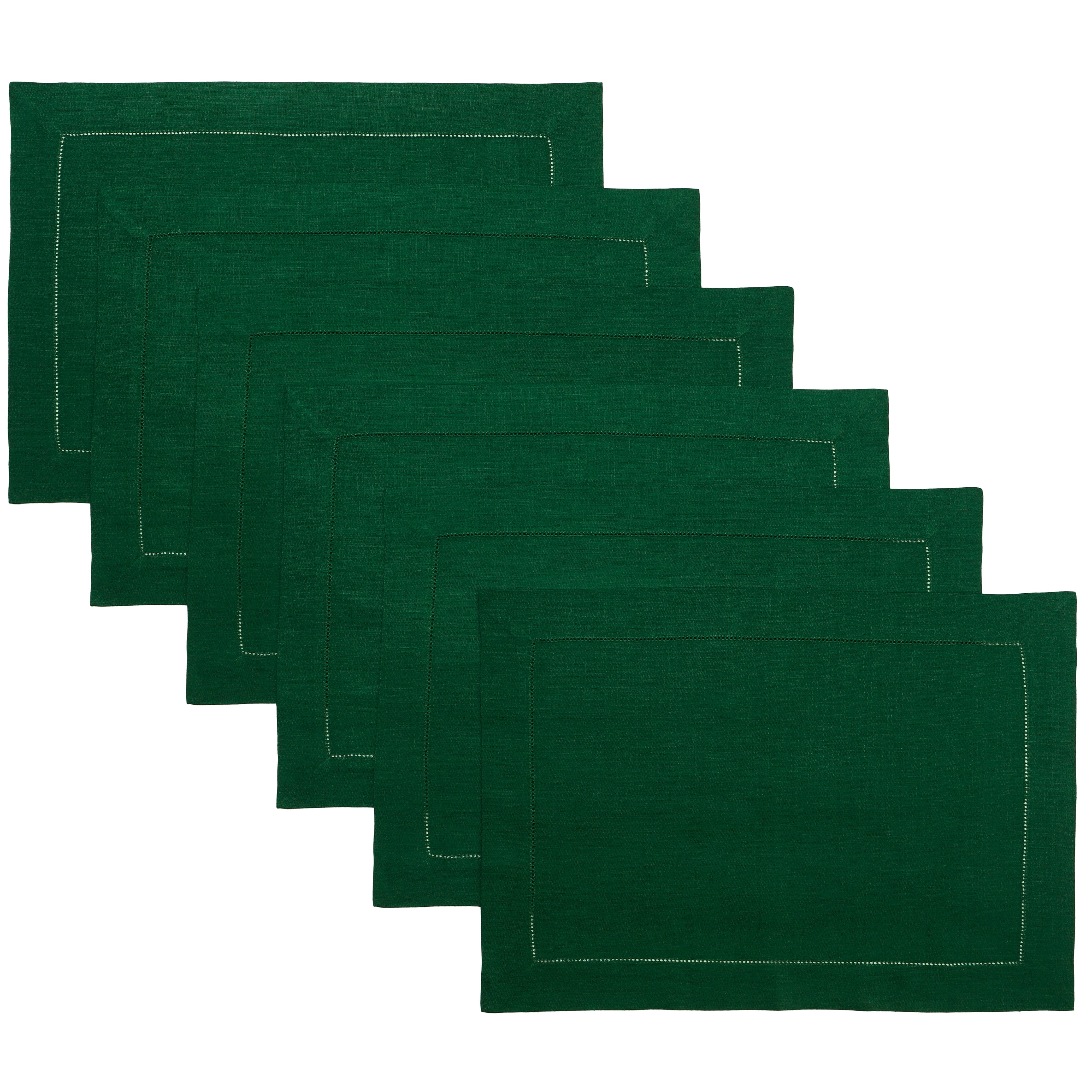 Forest Green Linen Placemats, Hemstitch, 14 x 19 inch, 6 pcs