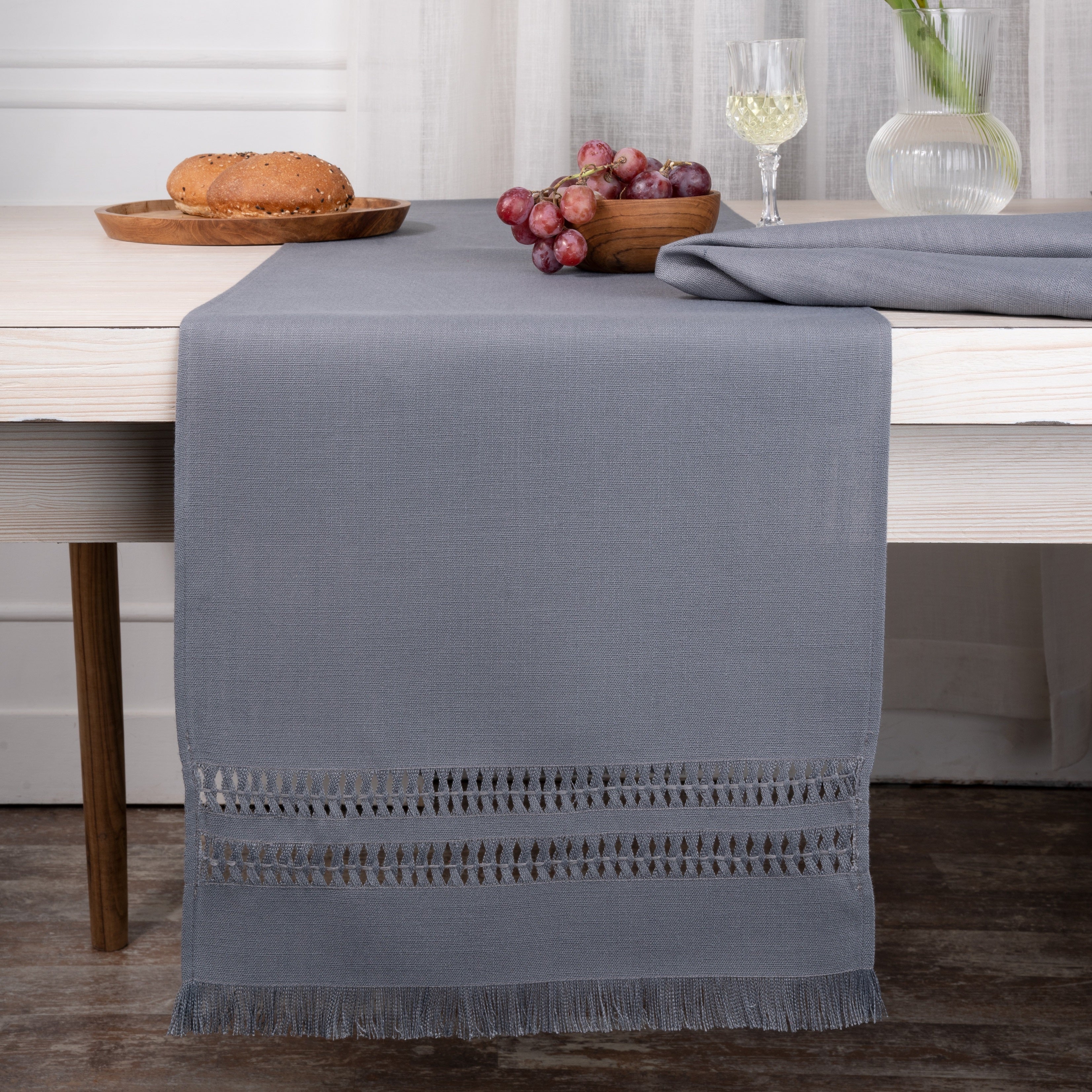 Charcoal Grey Table Runner, Faux Linen, Hand Hemstitch