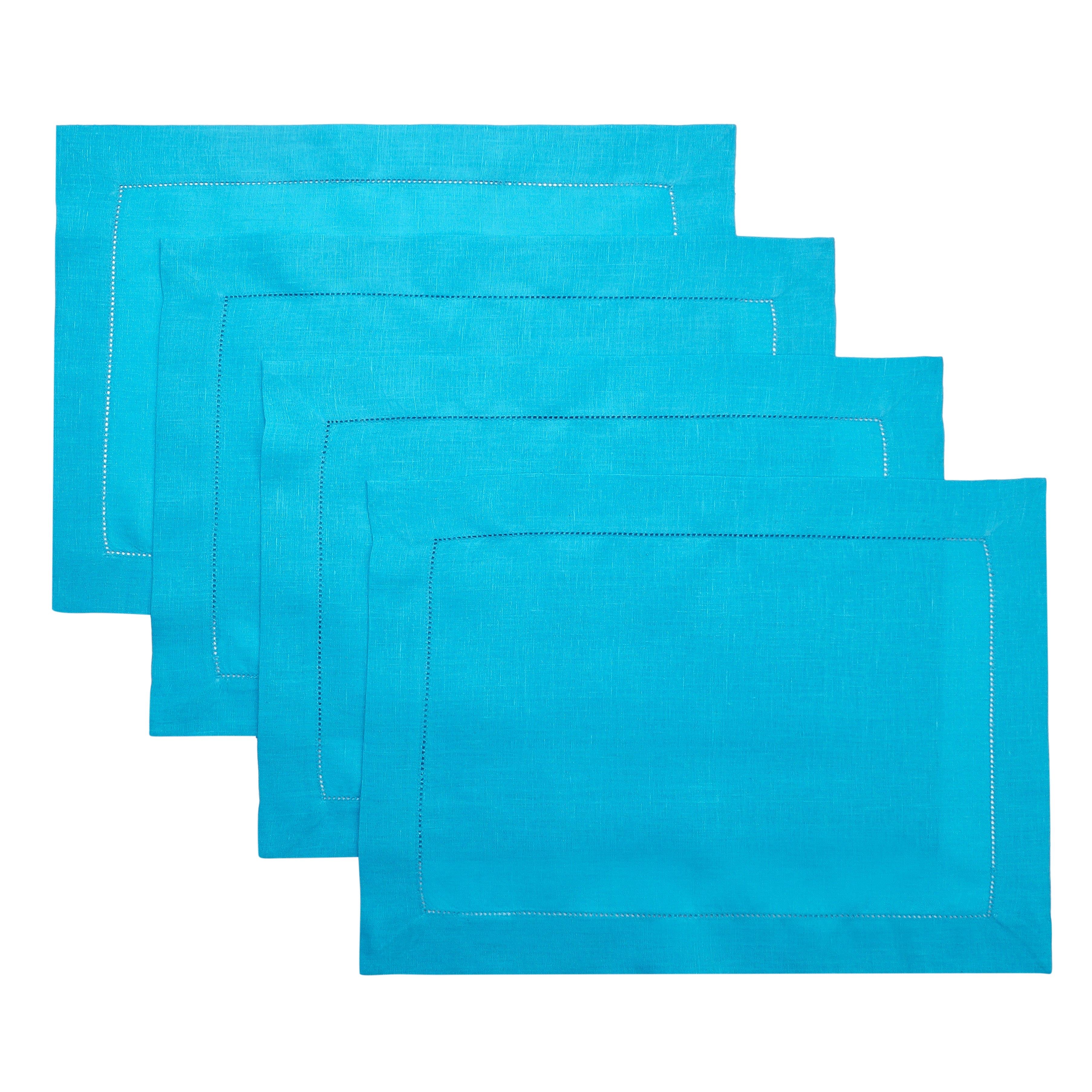 Cyan Blue Linen Placemats, Hemstitch, 14 x 19 inch, 4 pcs