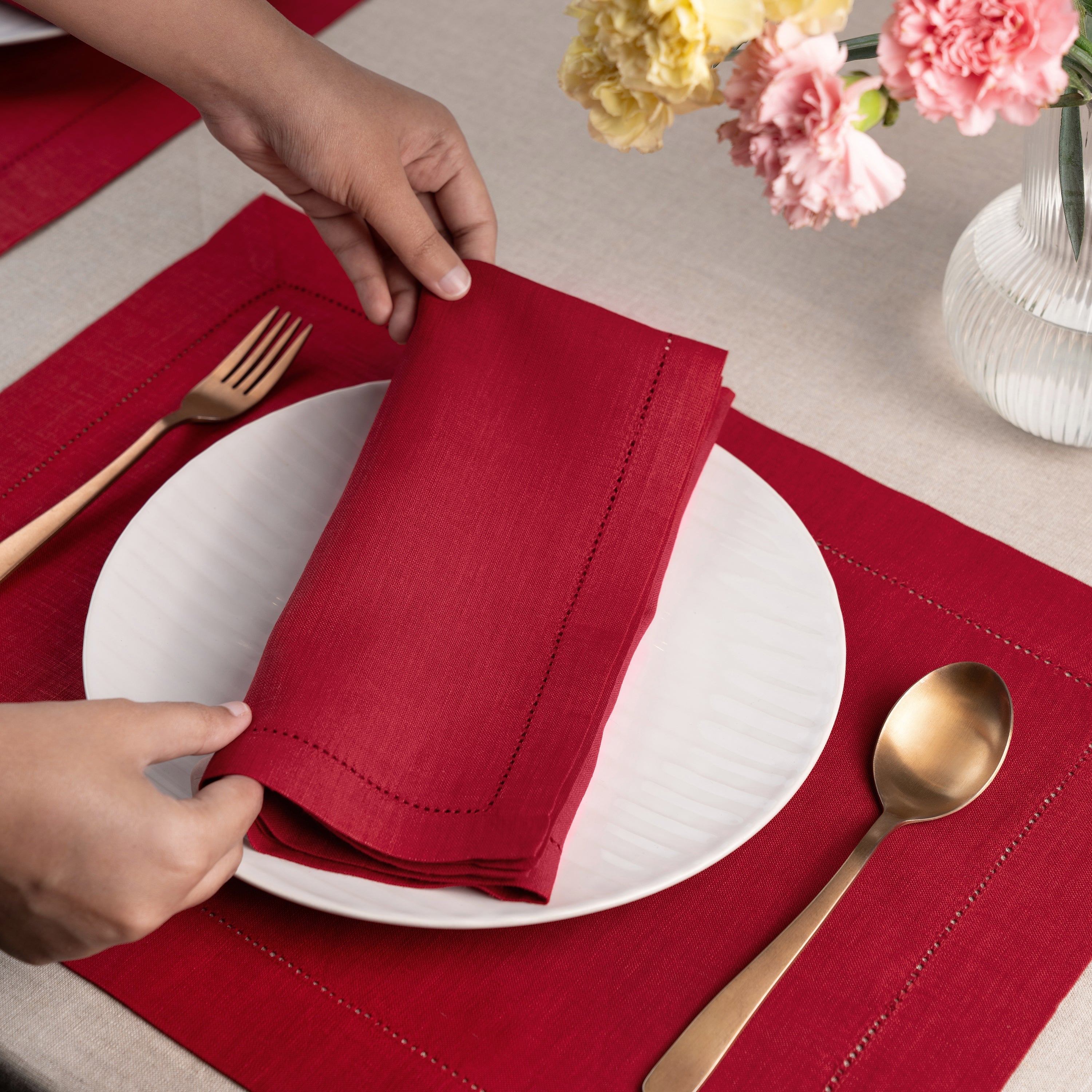 Red Linen Napkins, Hemstitch, 20 x 20 inch, 4 pcs