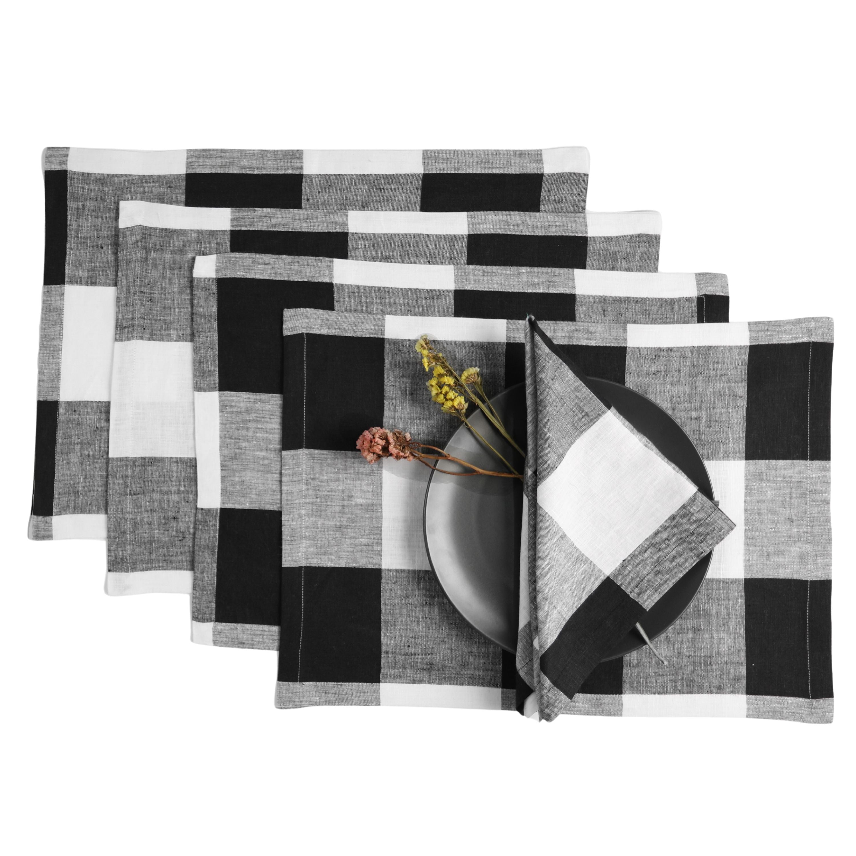 White and Black Linen Placemats, Buffalo Check, 14 x 19 inch, 4 pcs