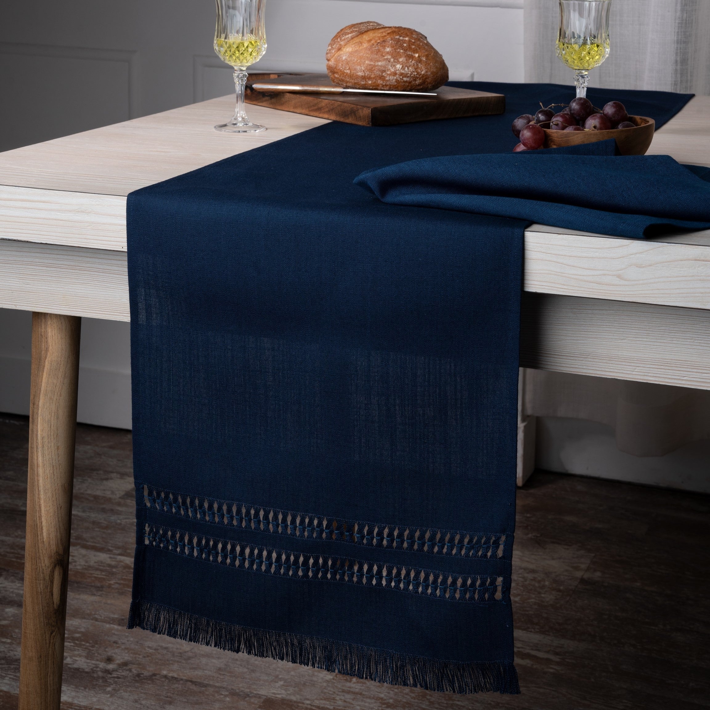 Navy Blue Table Runner, Faux Linen, Hand Hemstitch