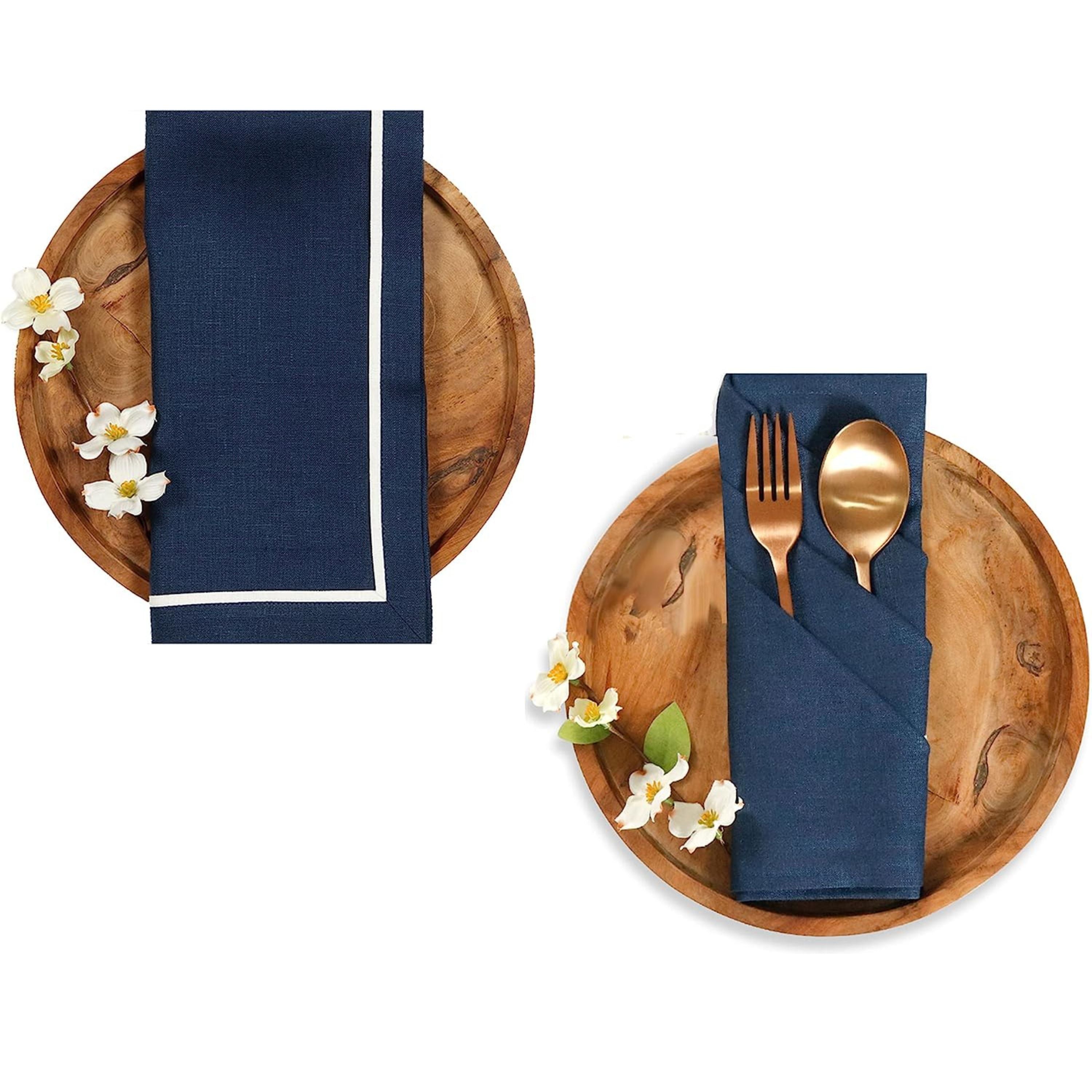 Navy Blue and White Linen Napkins, Reversible, 20 x 20 inch, 4 pcs