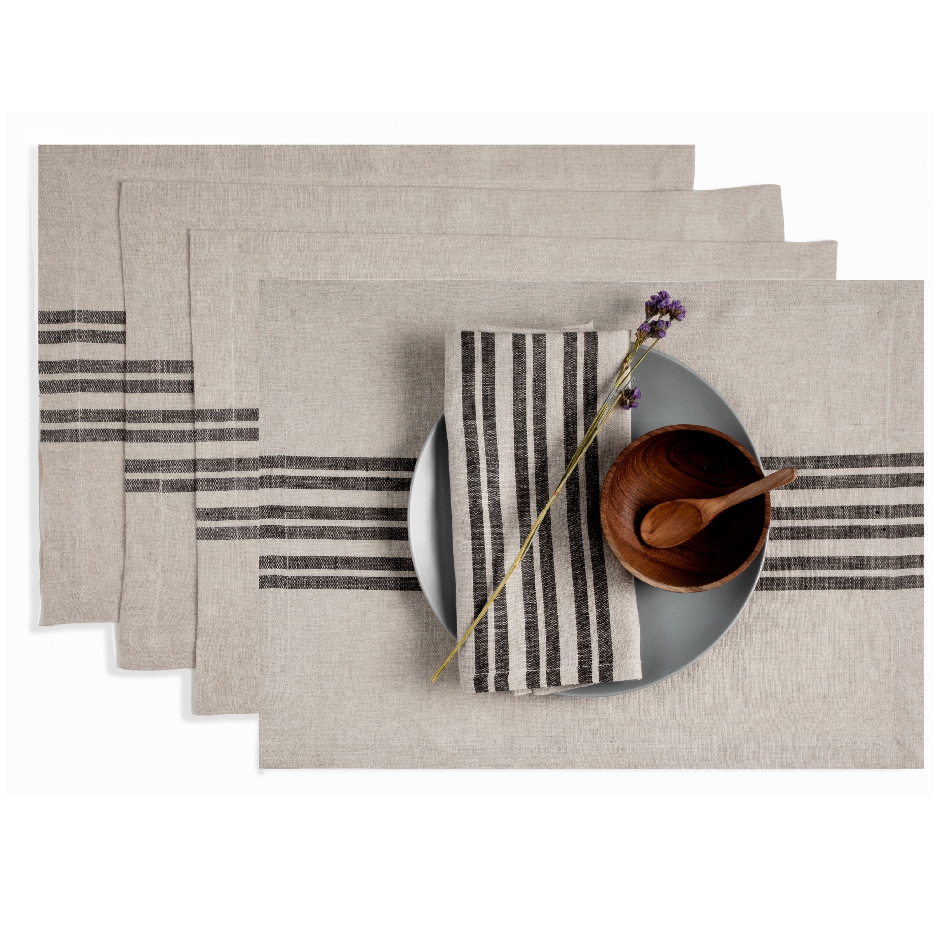 Natural and Black Linen Placemats, Farmhouse, 14 x 19 inch, 4 pcs