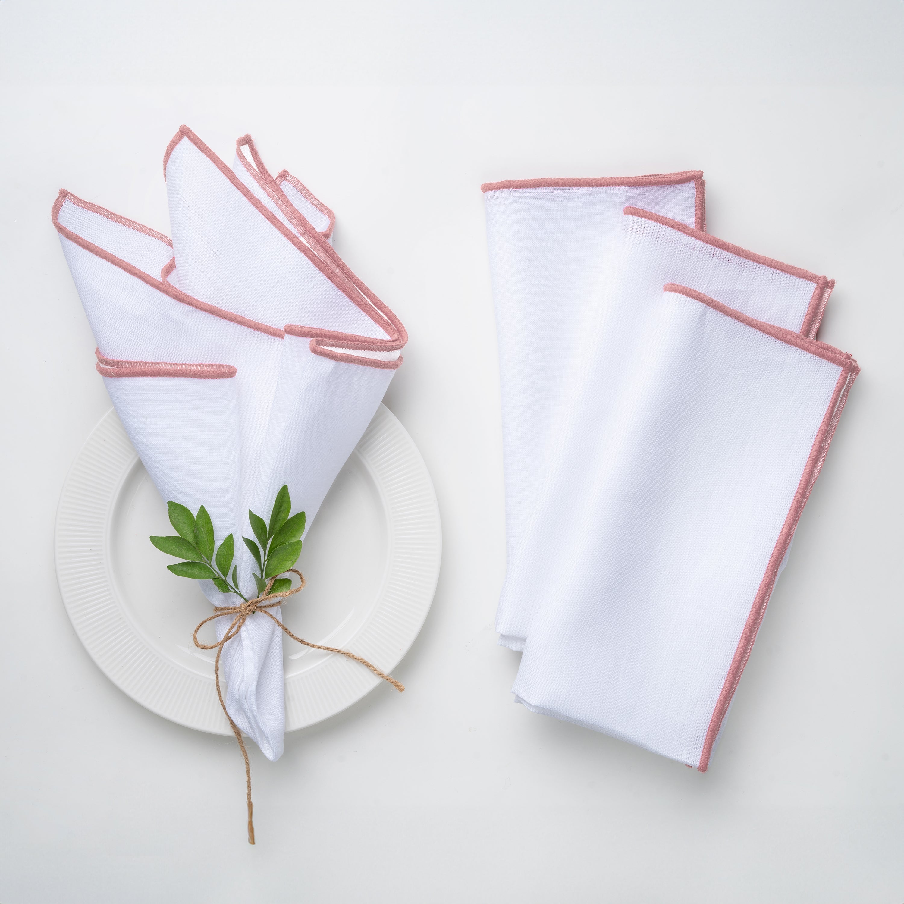 White and Dusty Pink Linen Napkins, Marrow Edge, 20 x 20 inch, 4 pcs