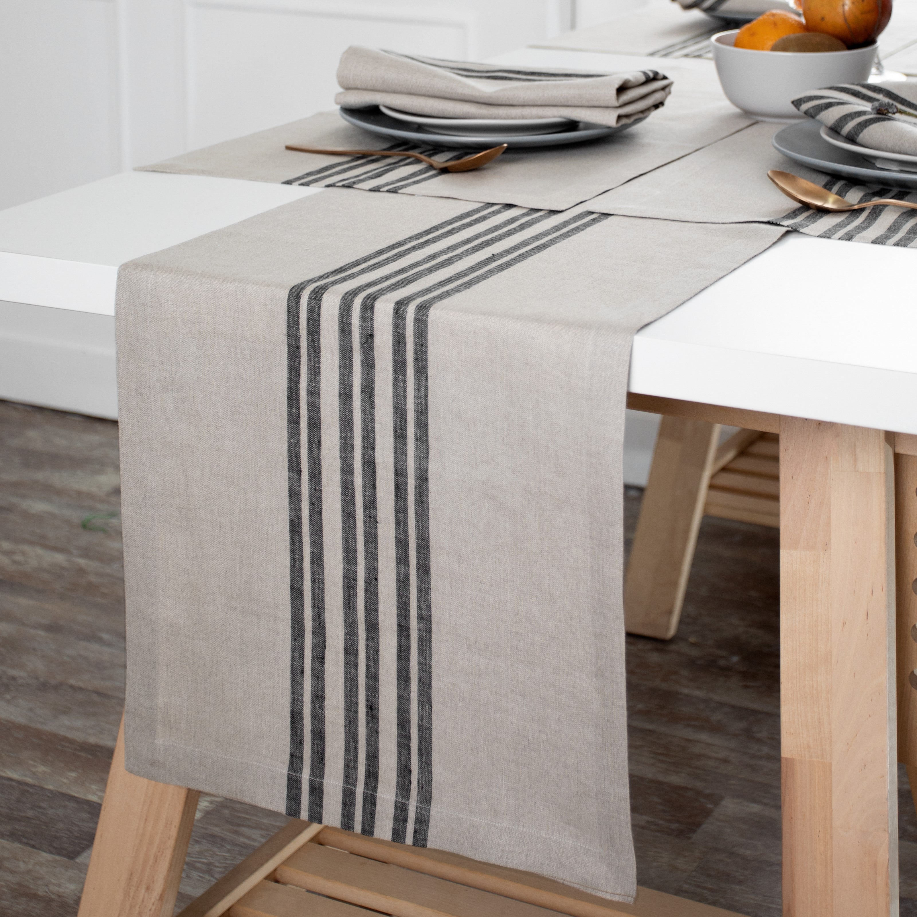 Natural and Black Linen Table Runner, Farmhouse