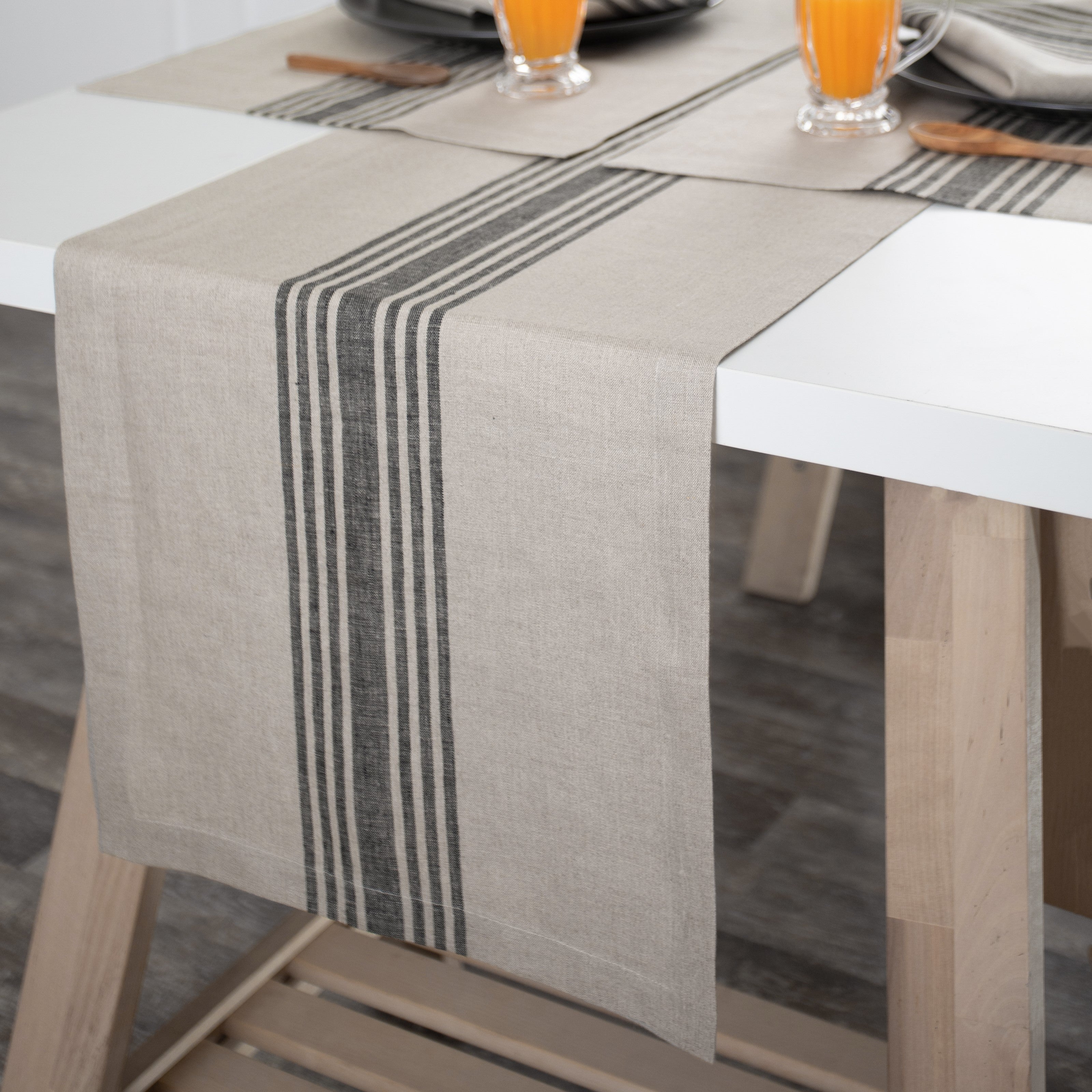 Natural and Black Linen Table Runner, Farmhouse