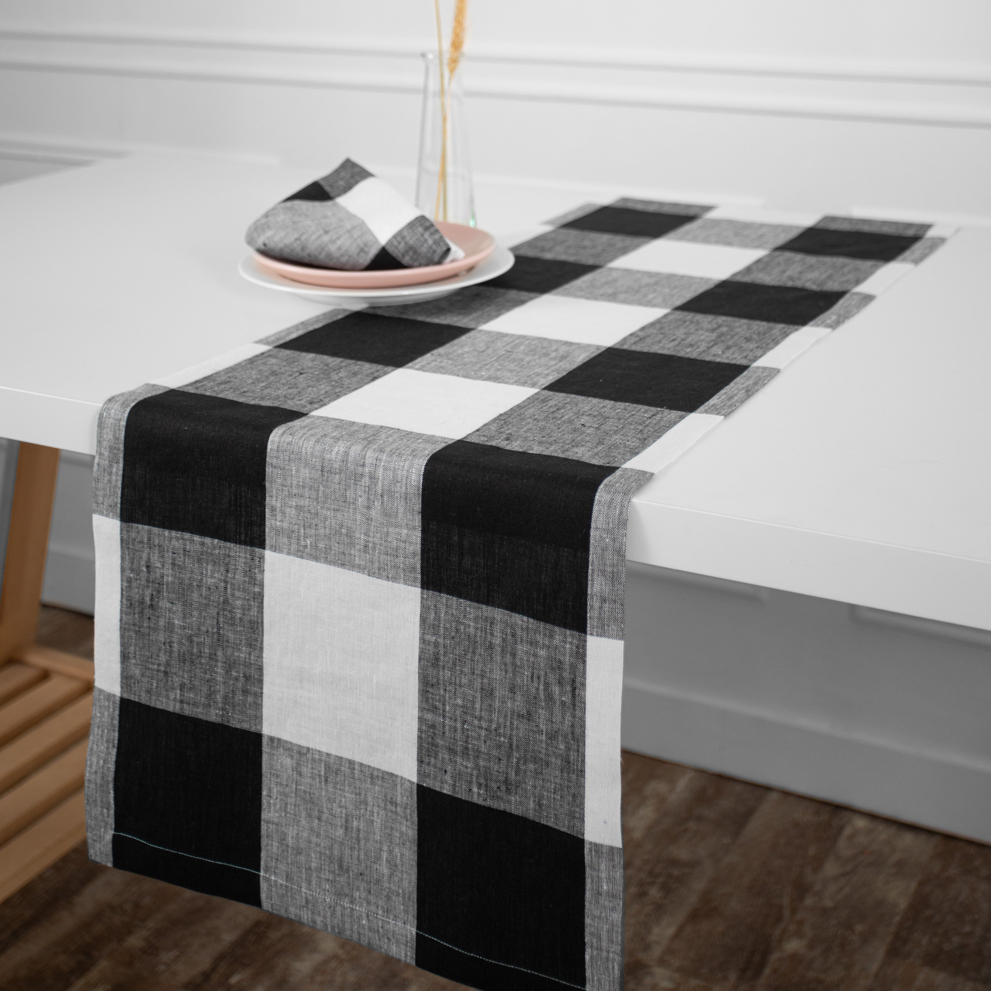 White and Black Linen Table Runner, Buffalo Check