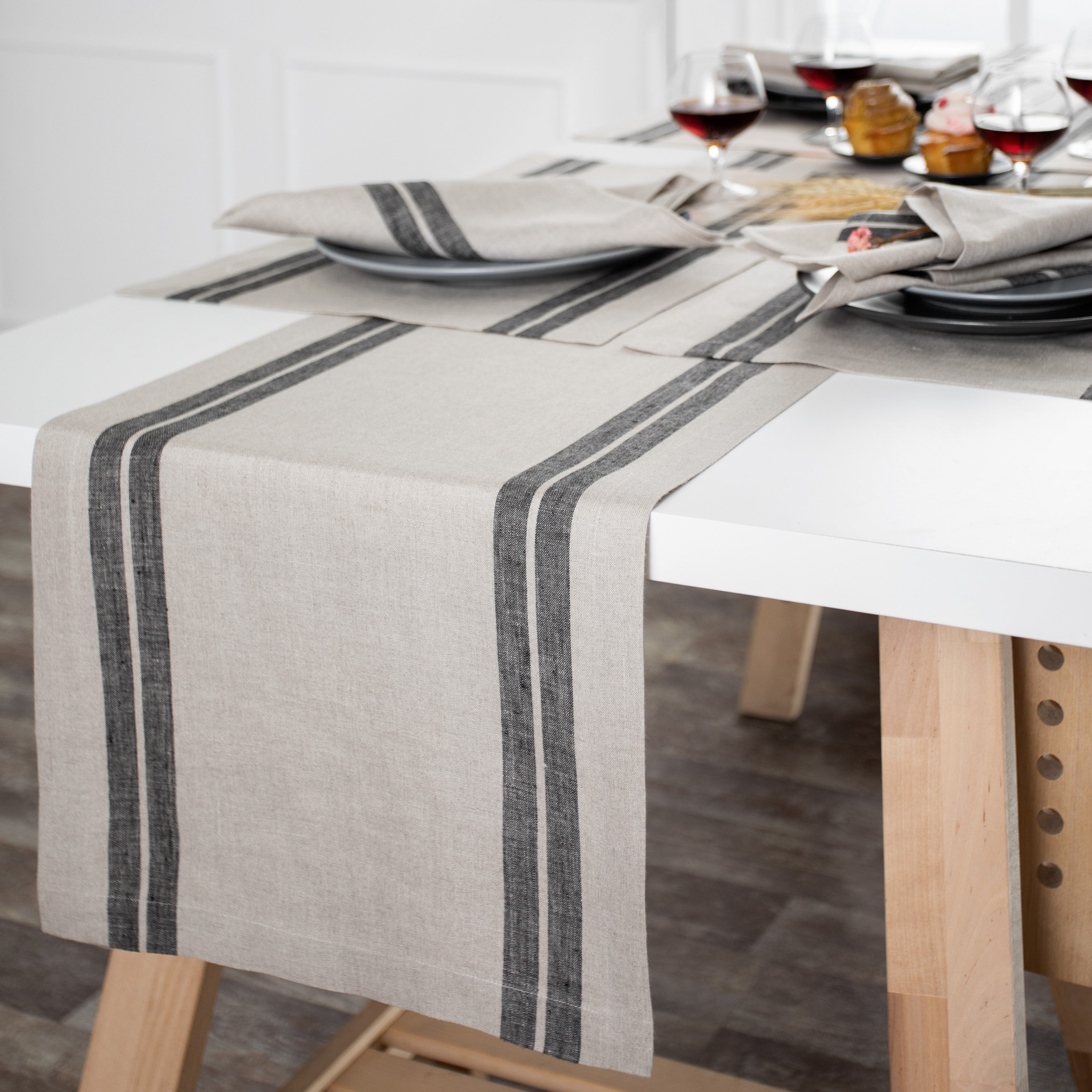 Natural and Black Linen Table Runner, French Stripe