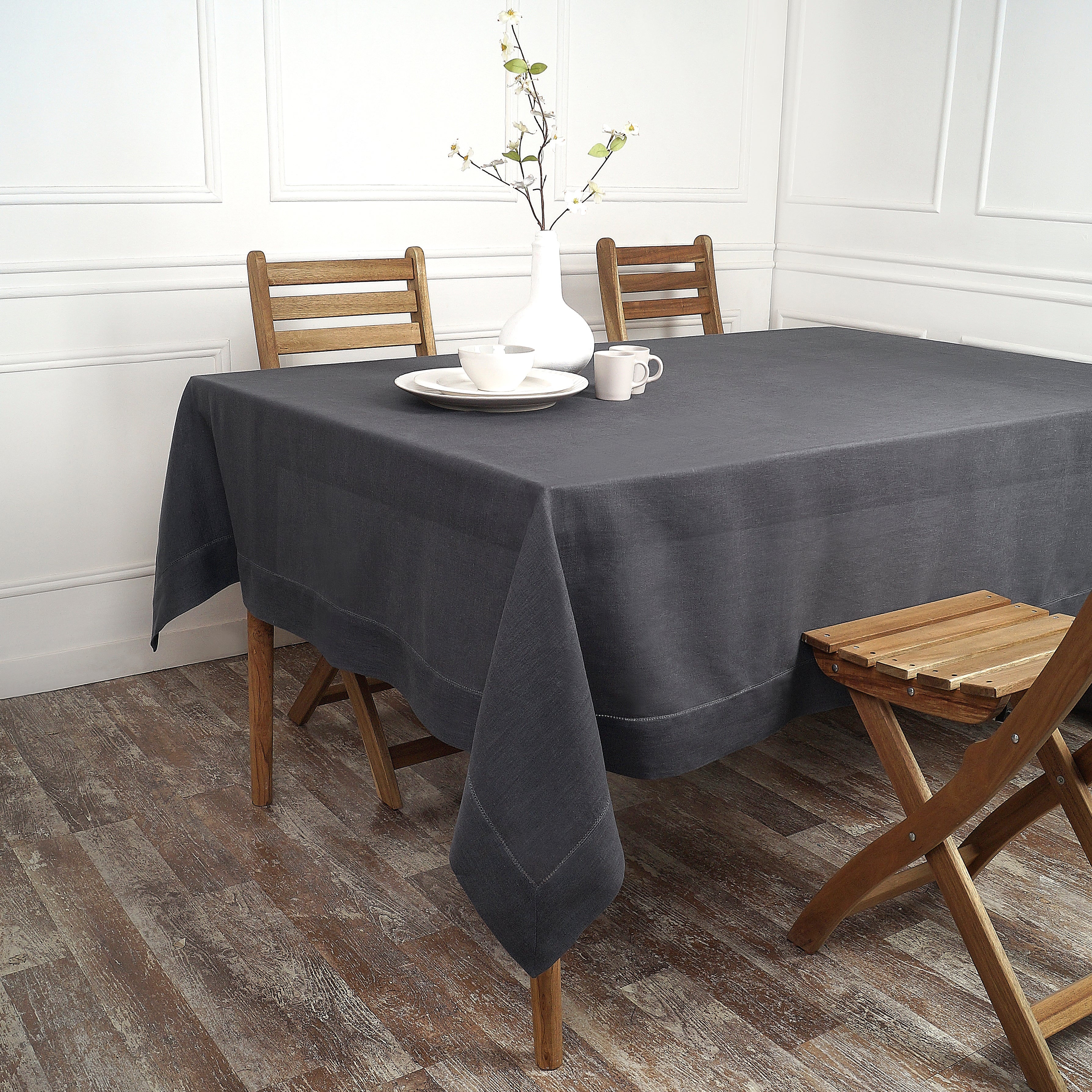 Charcoal Grey Linen Tablecloth, Hemstitch