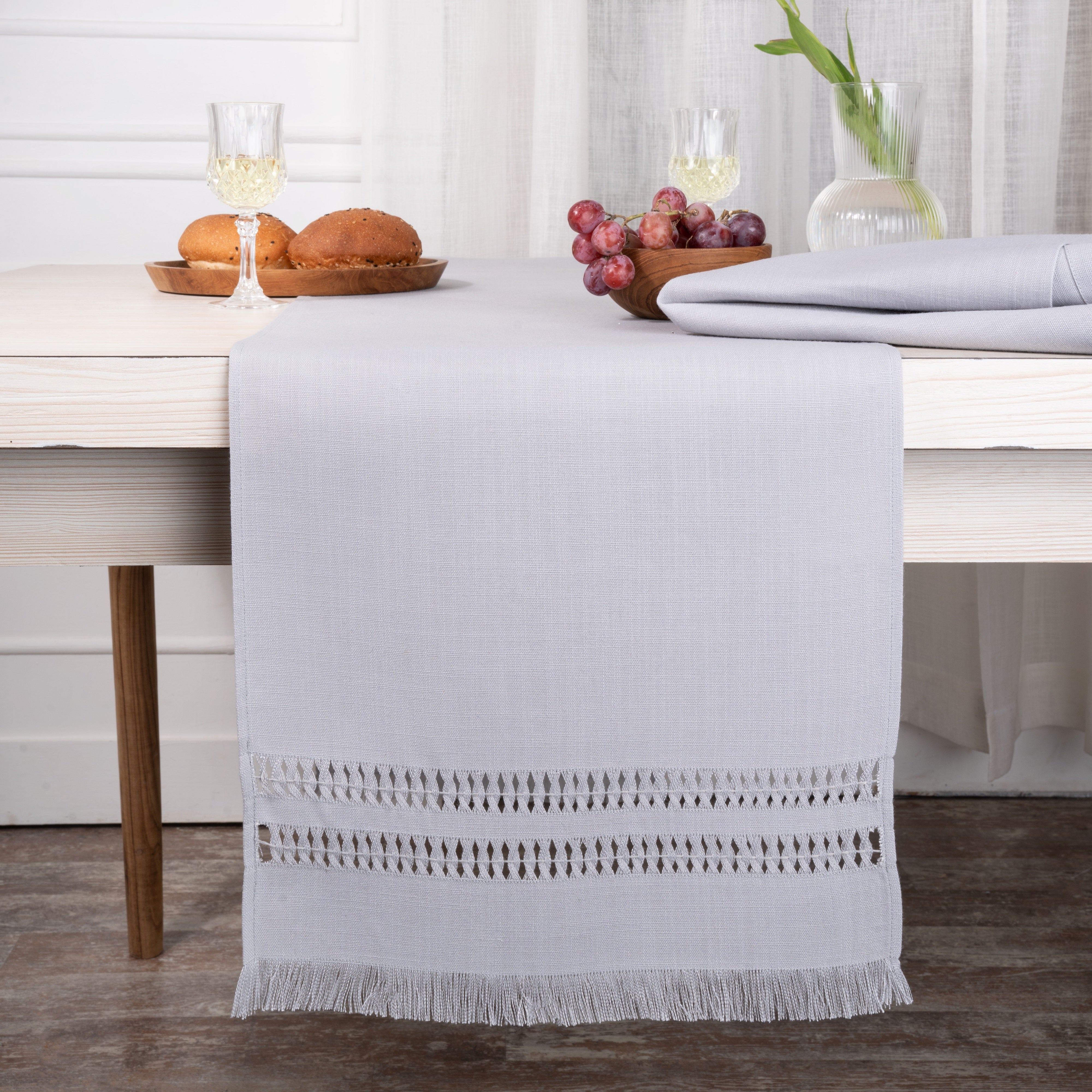 Light Grey Table Runner, Faux Linen, Hand Hemstitch