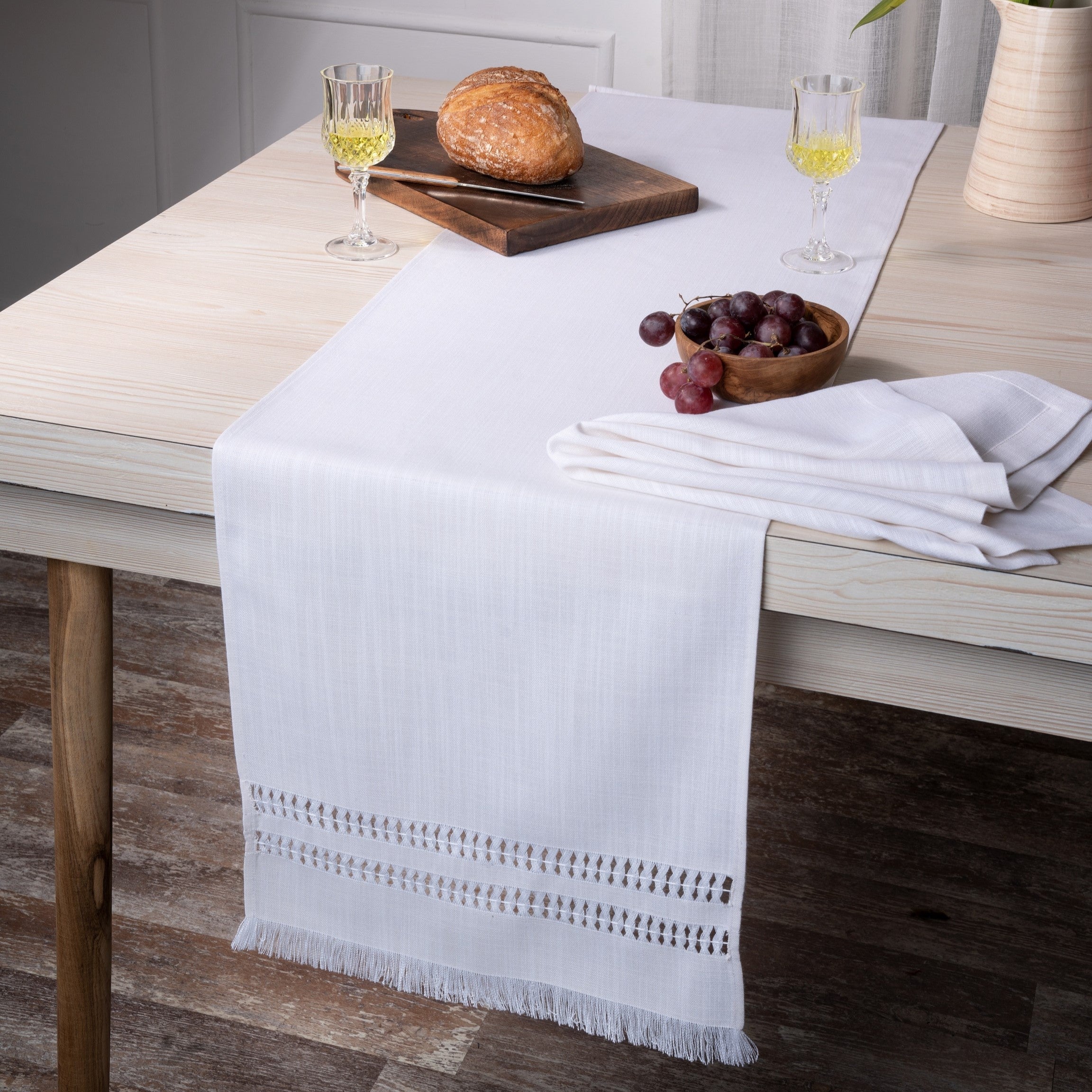 Chambray Cream & White Table Runner, Faux Linen, Hand Hemstitch