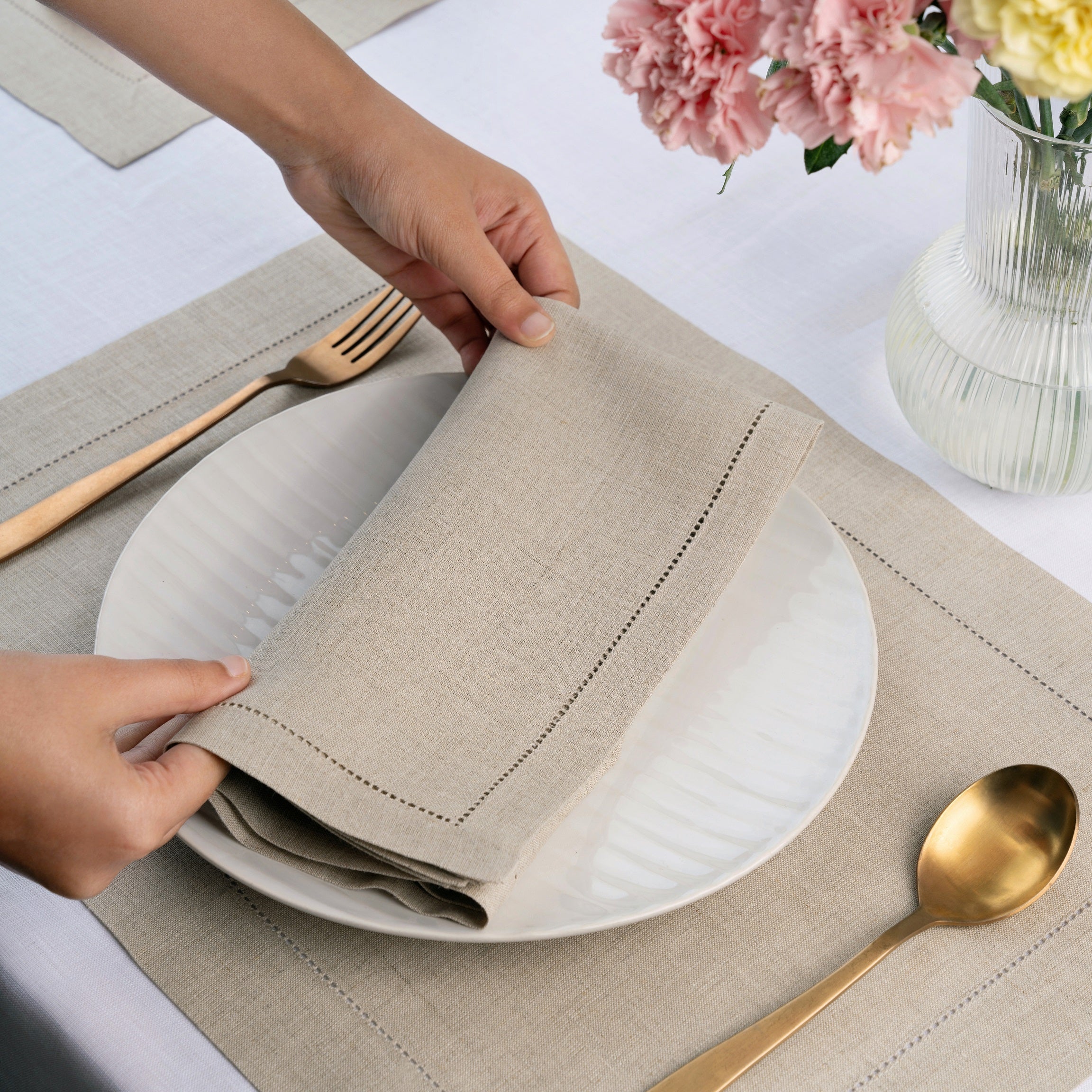 Natural Linen Napkins, Hemstitch, 20 x 20 inch, 6 pcs