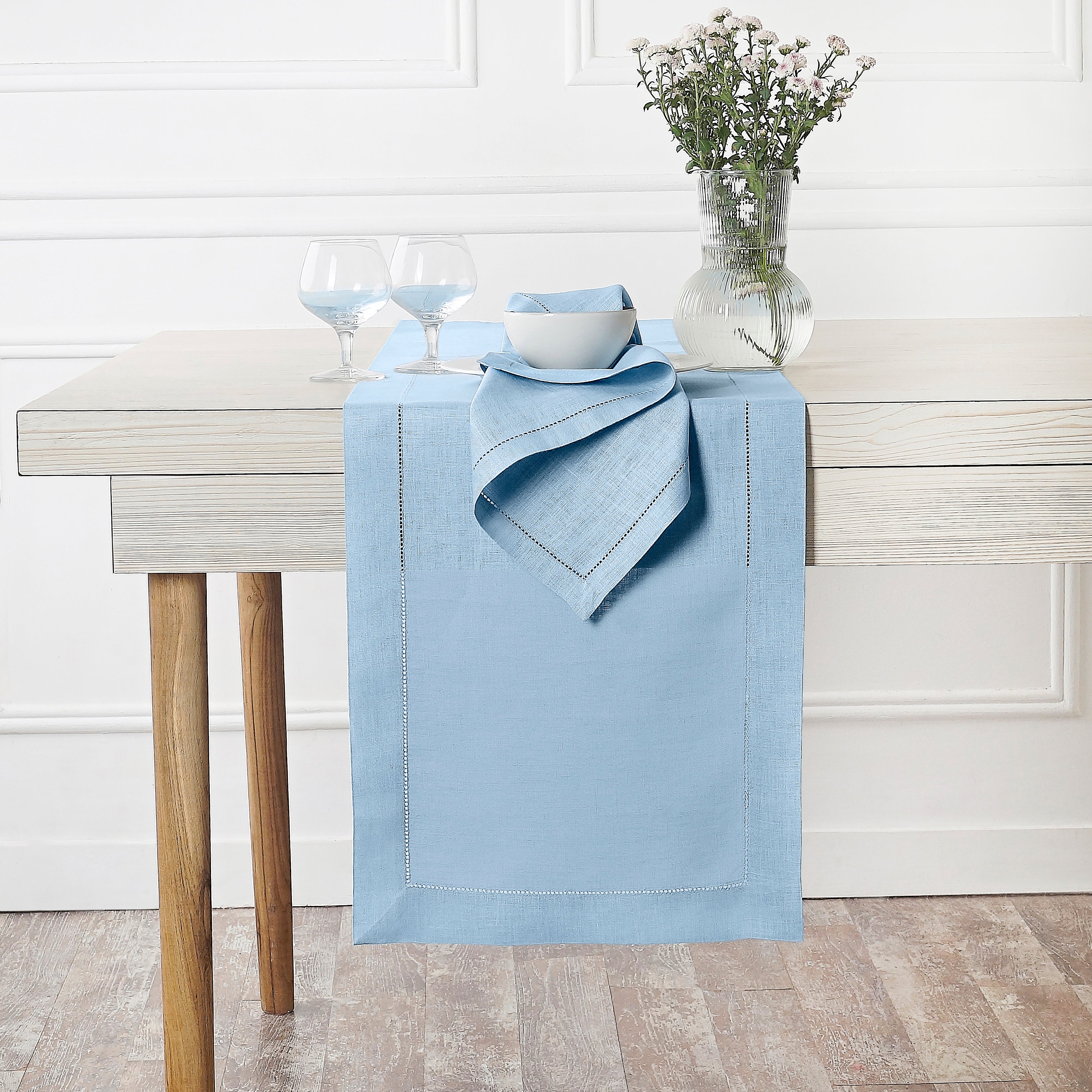 Powder Blue Linen Table Runner, Hemstitch