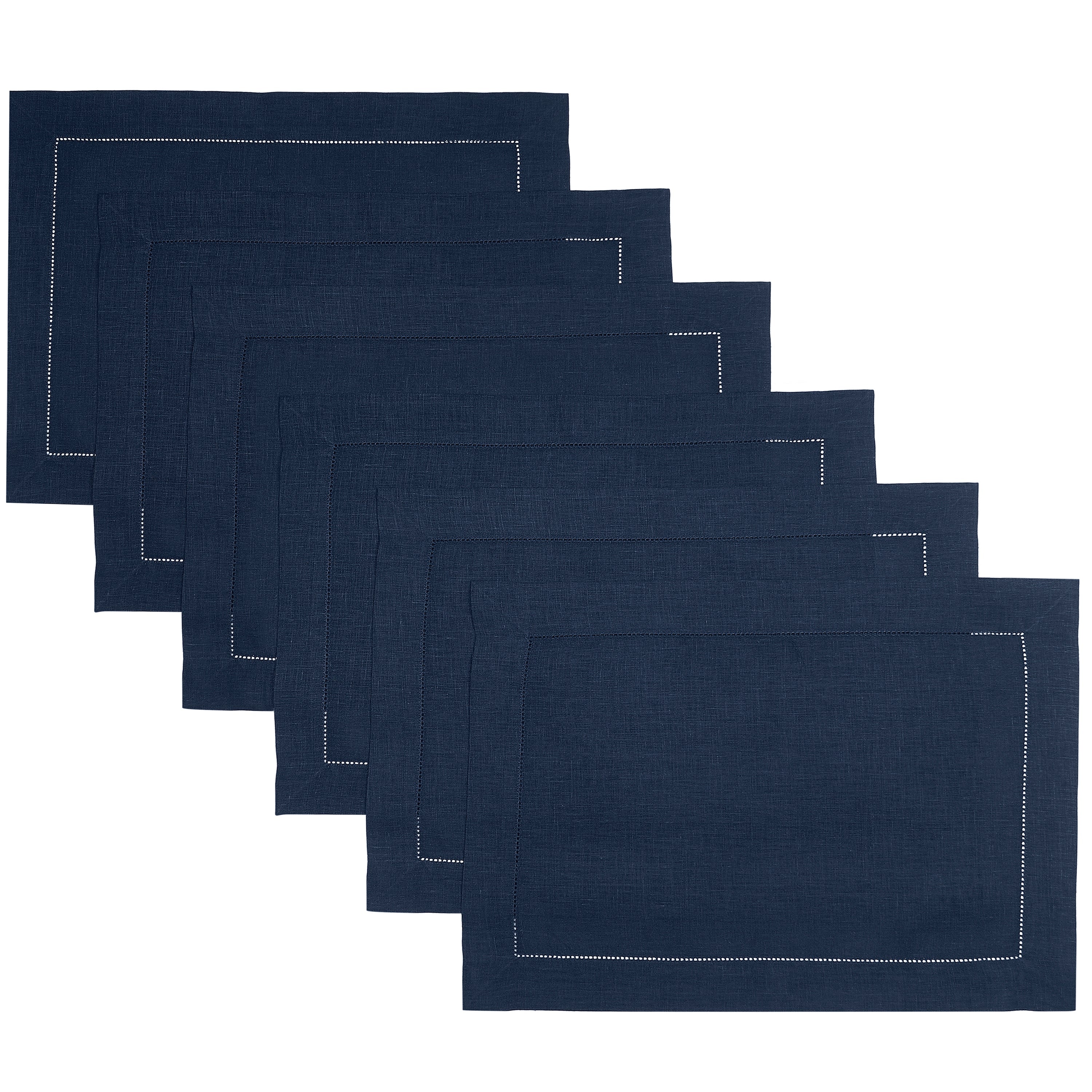 Navy Blue Linen Placemats, Hemstitch, 14 x 19 inch, 6 pcs