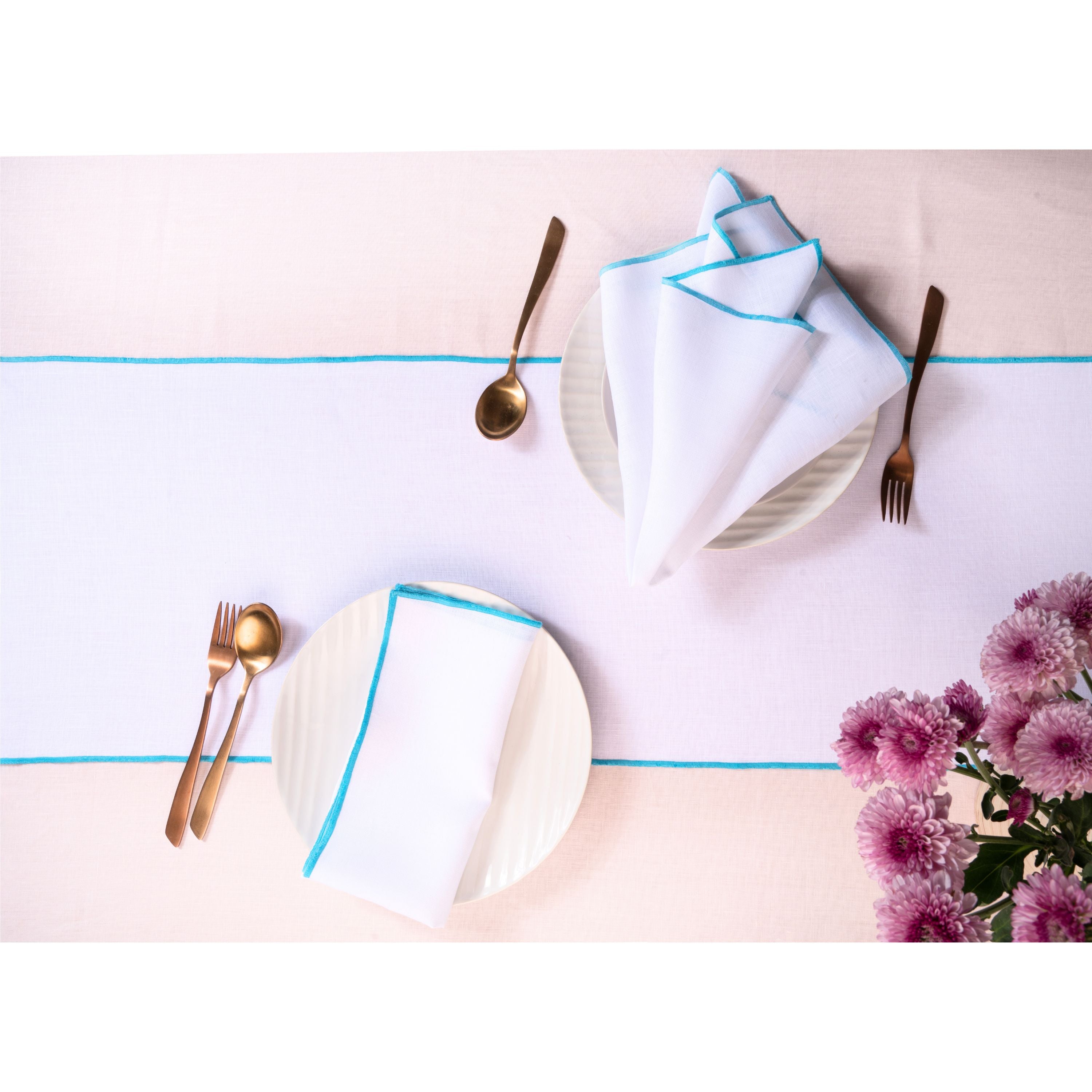 White and Blue Linen Table Runner, Marrow Edge