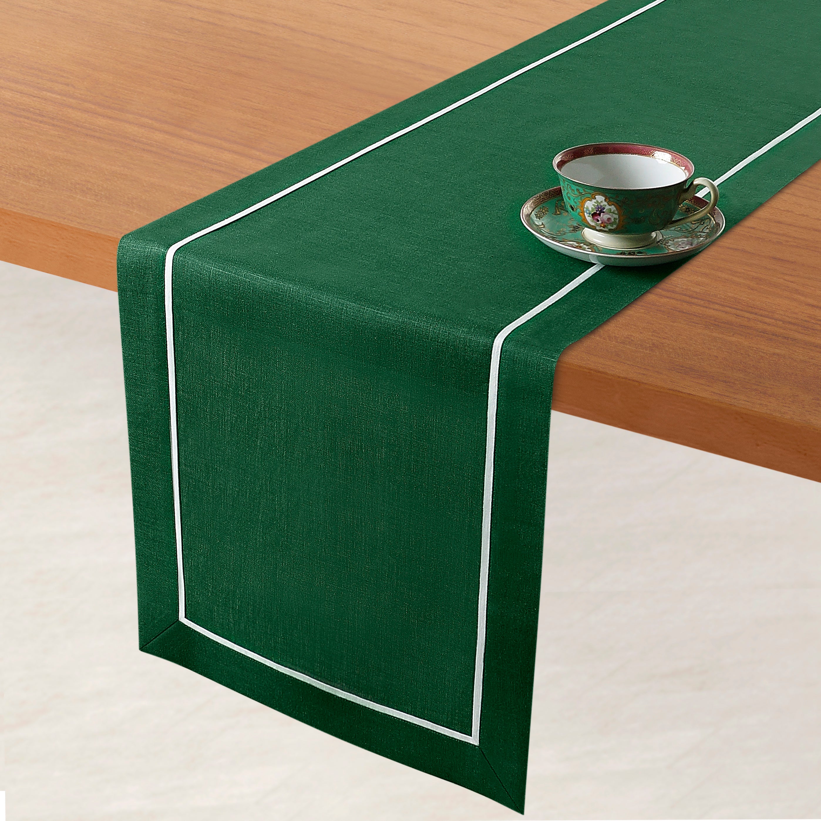 Forest Green and White Linen Table Runner, Reversible