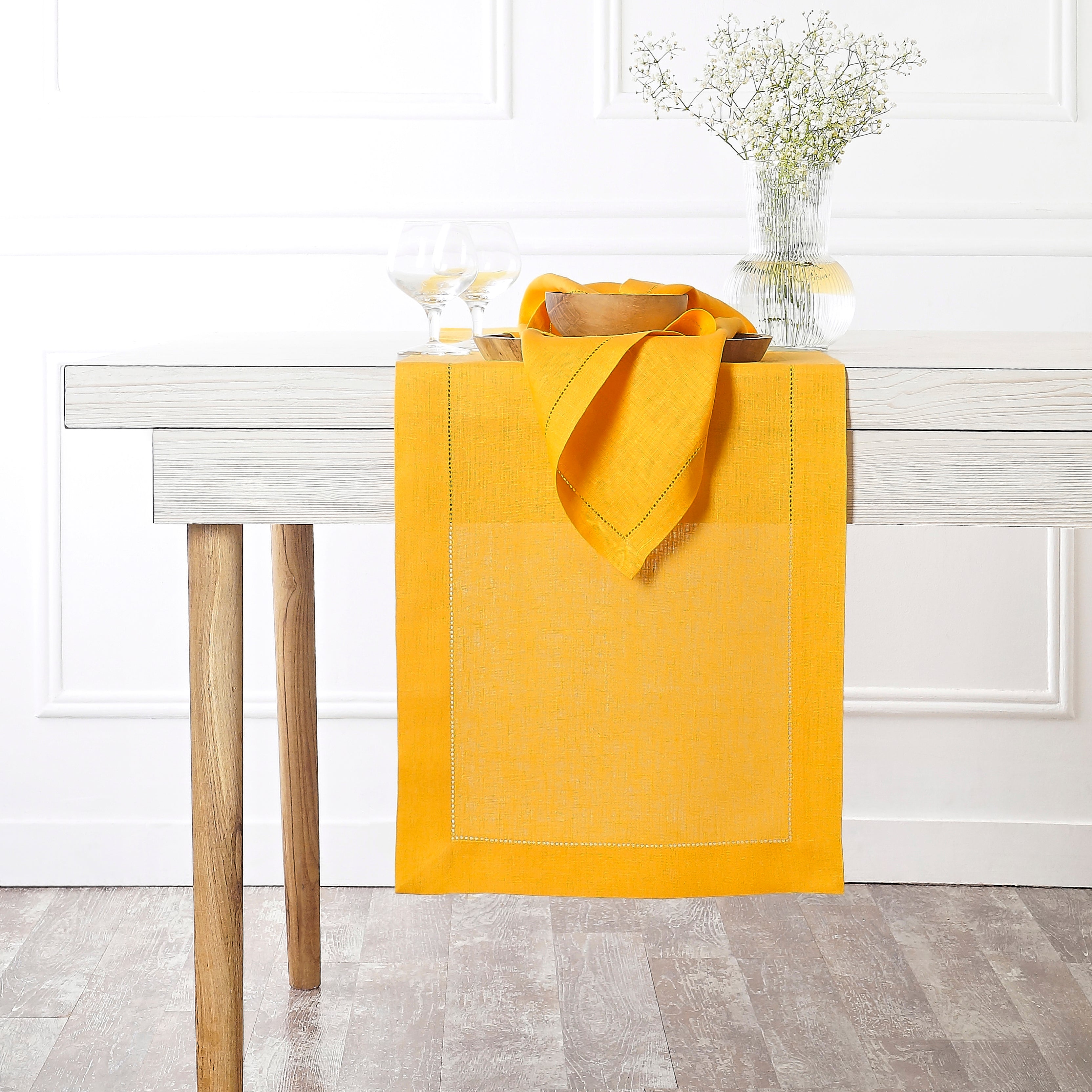 Sunflower Yellow Linen Table Runner, Hemstitch