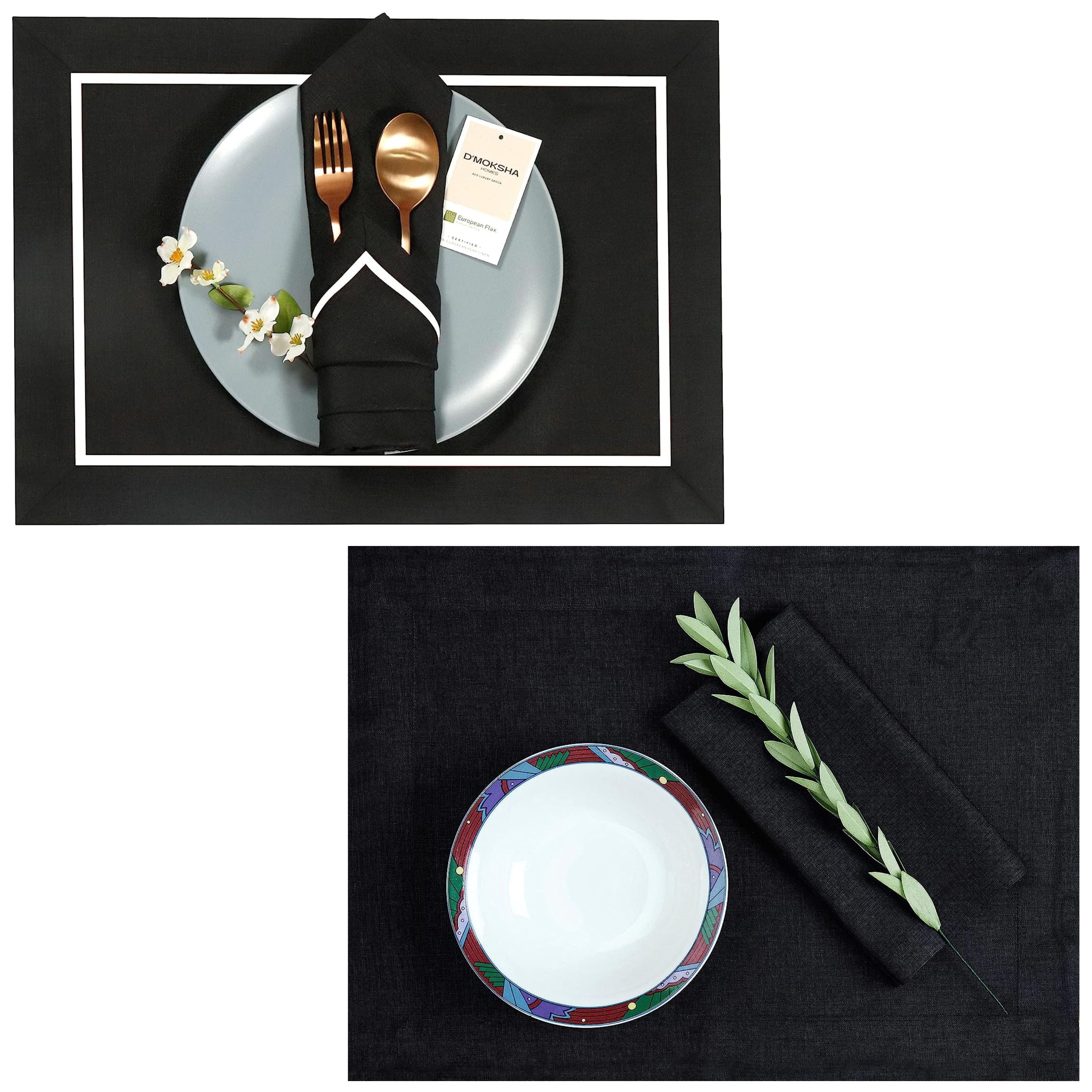 Black and White Linen Placemats, Reversible, 14 x 19 inch, 4 pcs