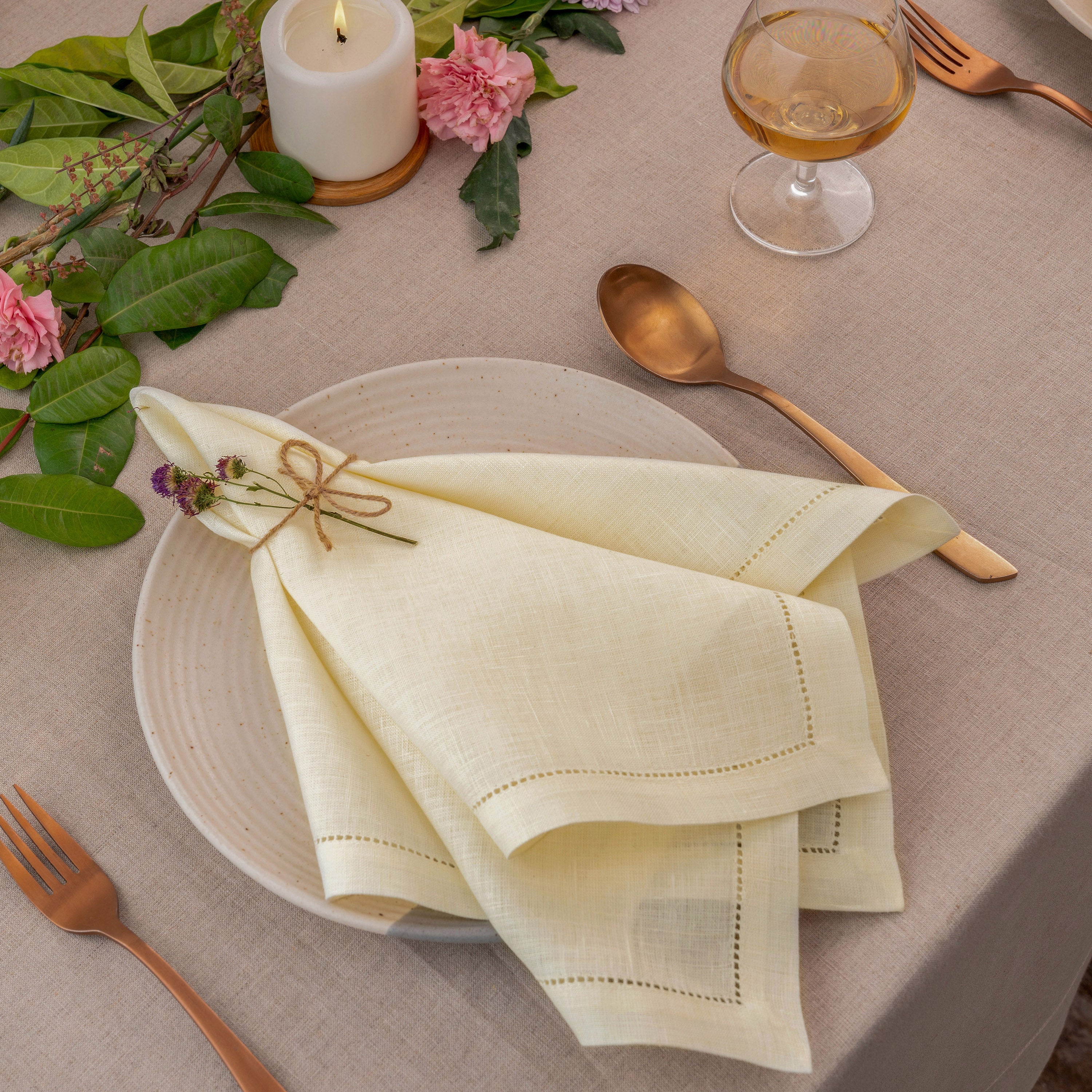 Cream Linen Napkins, Hemstitch, 20 x 20 inch, 4 pcs