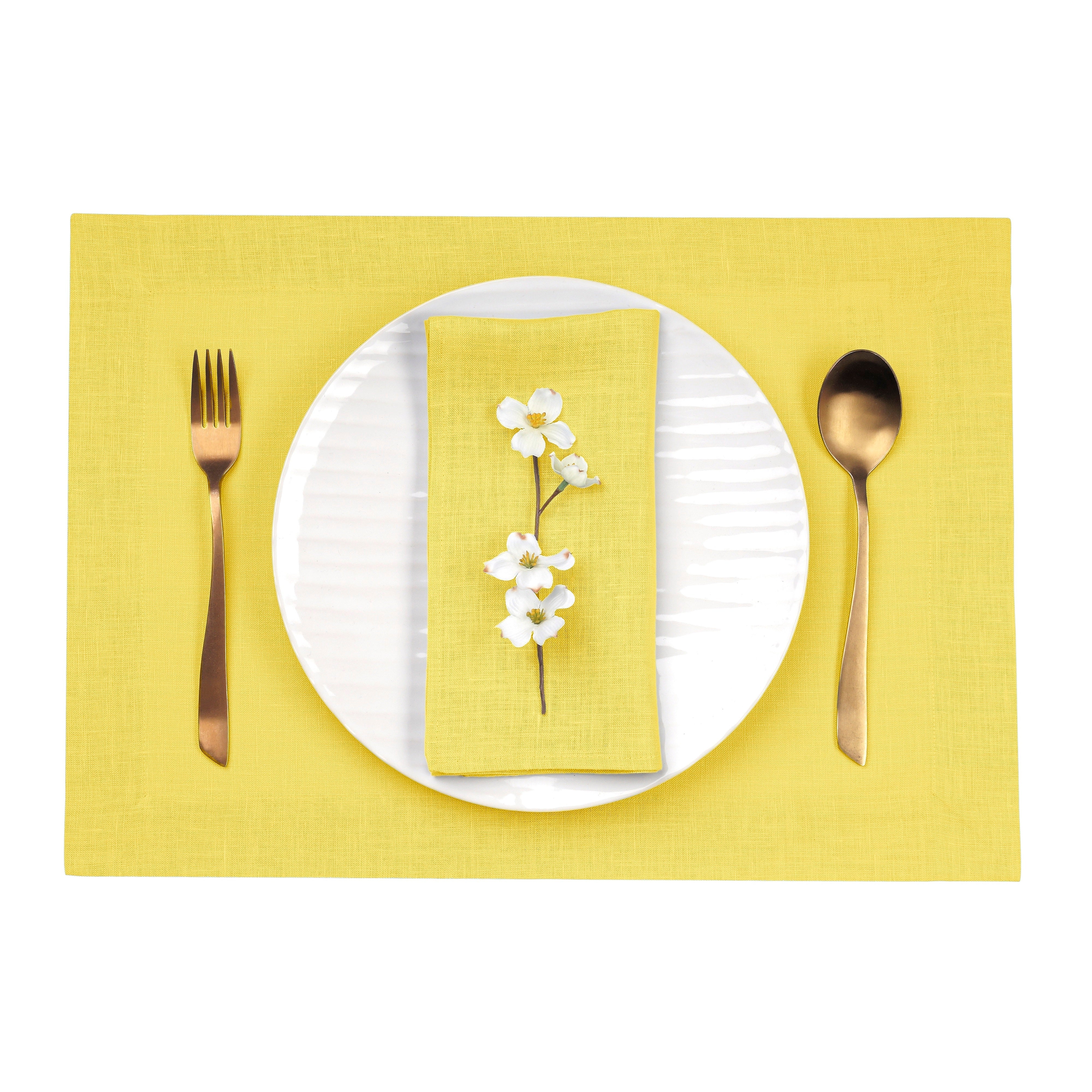 Lemon Yellow Linen Placemats, Hemmed, 14 x 19 inch, 4 pcs